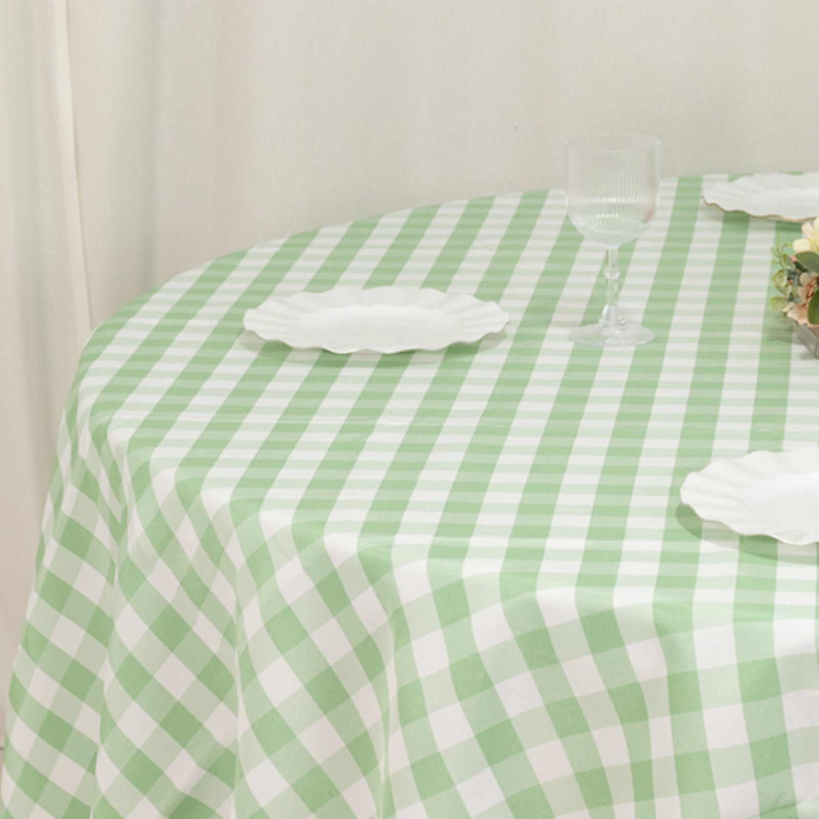 Hot! Polyester 90" Round Checkered Buffalo Plaid Tablecloth in White/Sage Green