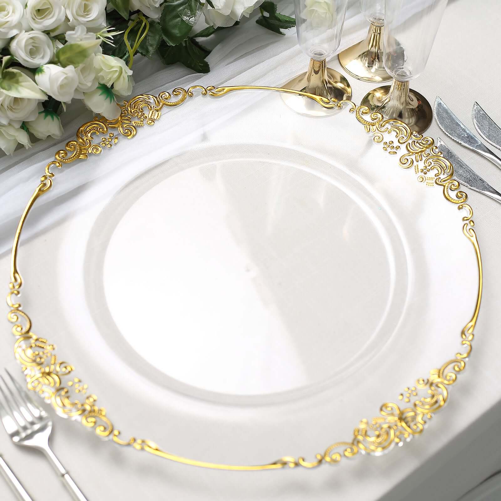 6-Pack Acrylic Round Charger Plates 13 in Clear with Gold Embossed Baroque Rim, Antique Decorative Dinner Party Charger Tableware