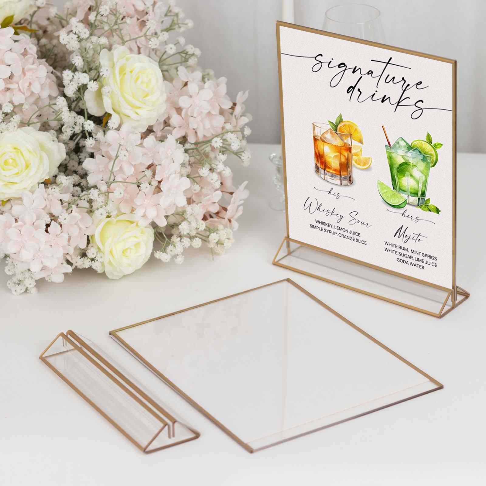 6-Pack Gold Acrylic Rectangular Sign Holders: Double-Sided Clear Display with White Cardboard, Ideal for Banquets 9x11