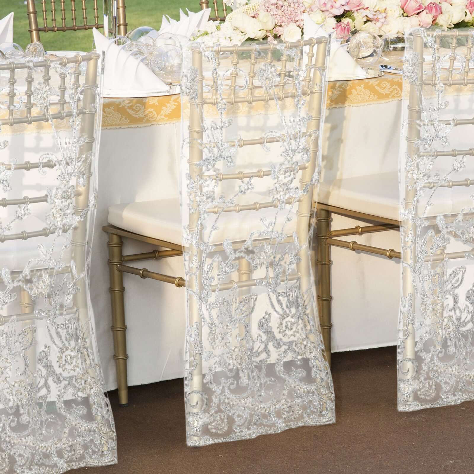 White Organza Chiavari Chair Slipcover with Floral Sequin Embroidery - Ideal for Weddings