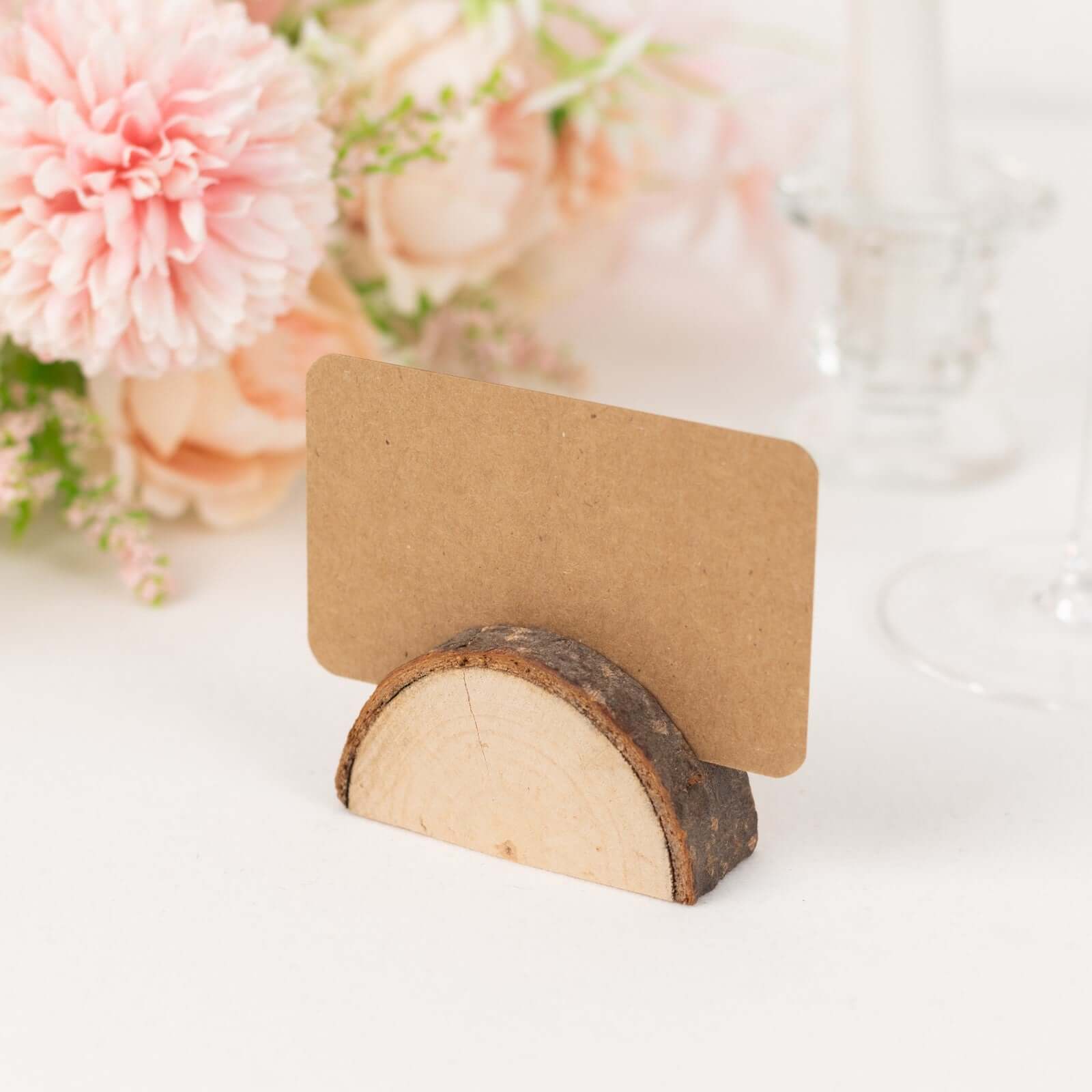 Set of 10 Natural Wood Place Card Holders with Brown Paper - Rustic Semicircle Design for Wedding Table Numbers