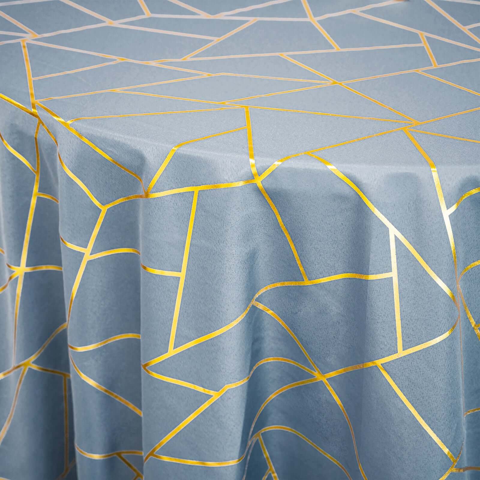 Hot Sale! Wrinkle-Resistant Seamless Polyester 120' Round Tablecloth in Dusty Blue with Gold Foil Geometric Design