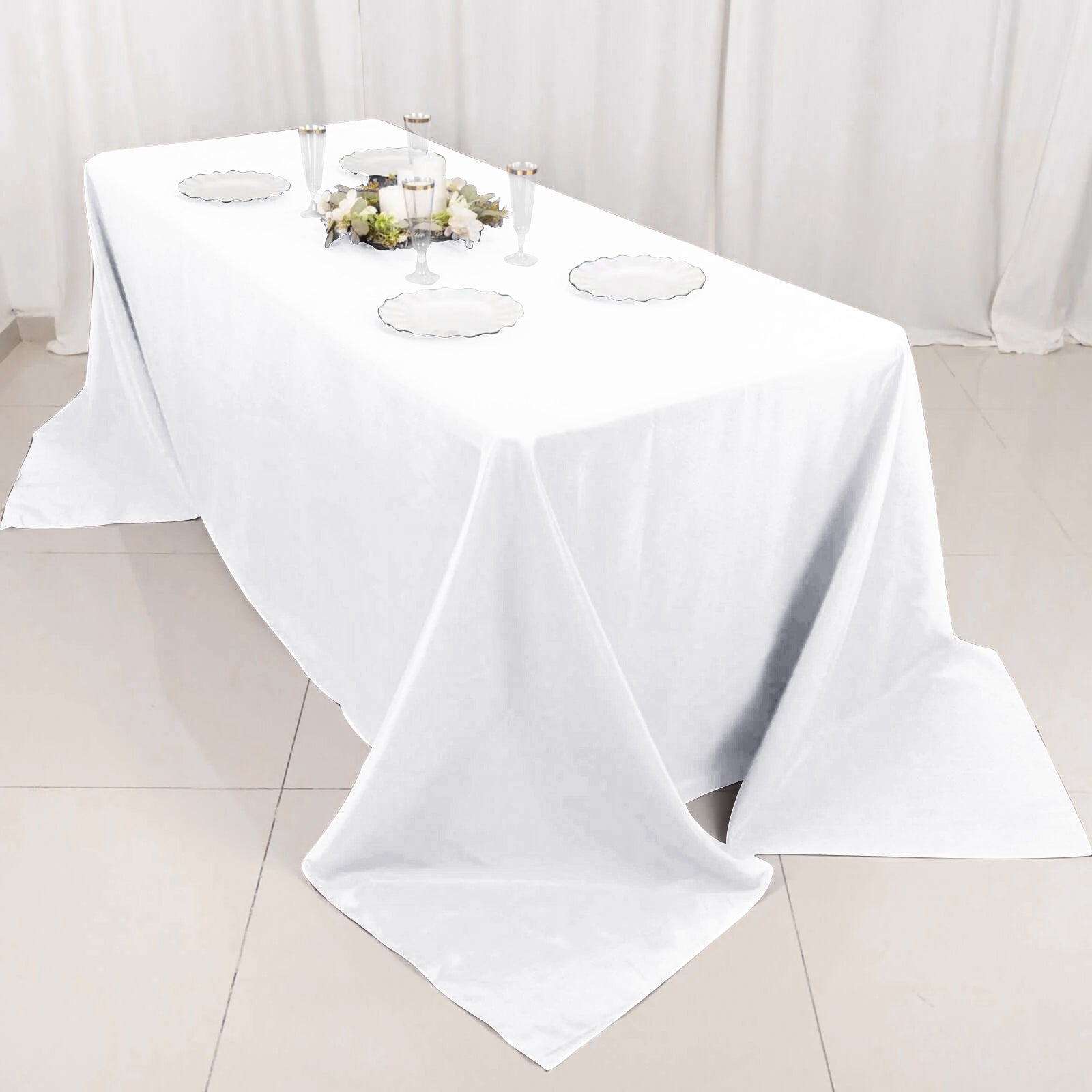 Luxurious Seamless 220GSM Stain-Resistant White Polyester Rectangle Tablecloth 90x132 for Premium Events
