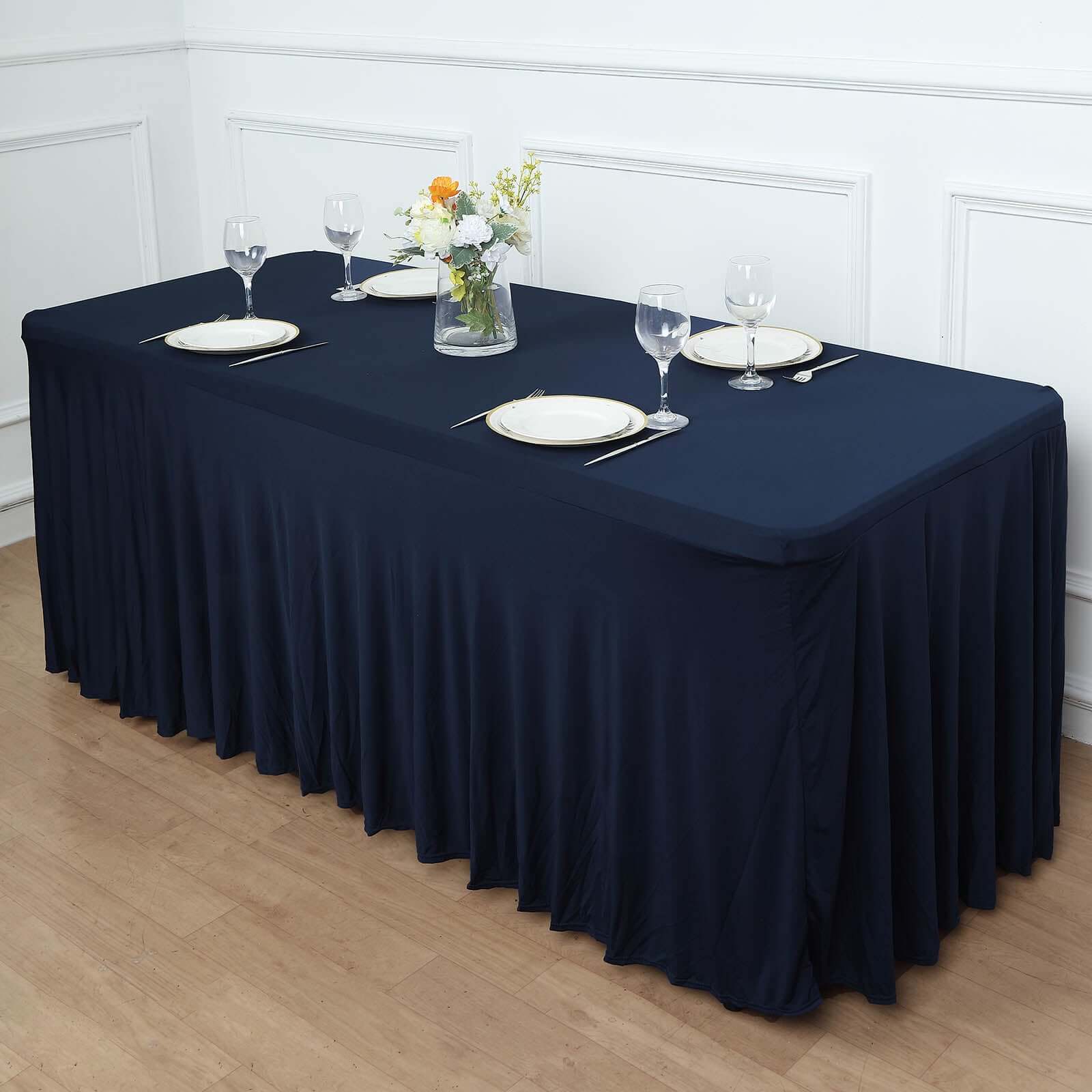 Hot Deal! Navy Blue Spandex Table Skirt with Wavy Effect for 6ft Tables