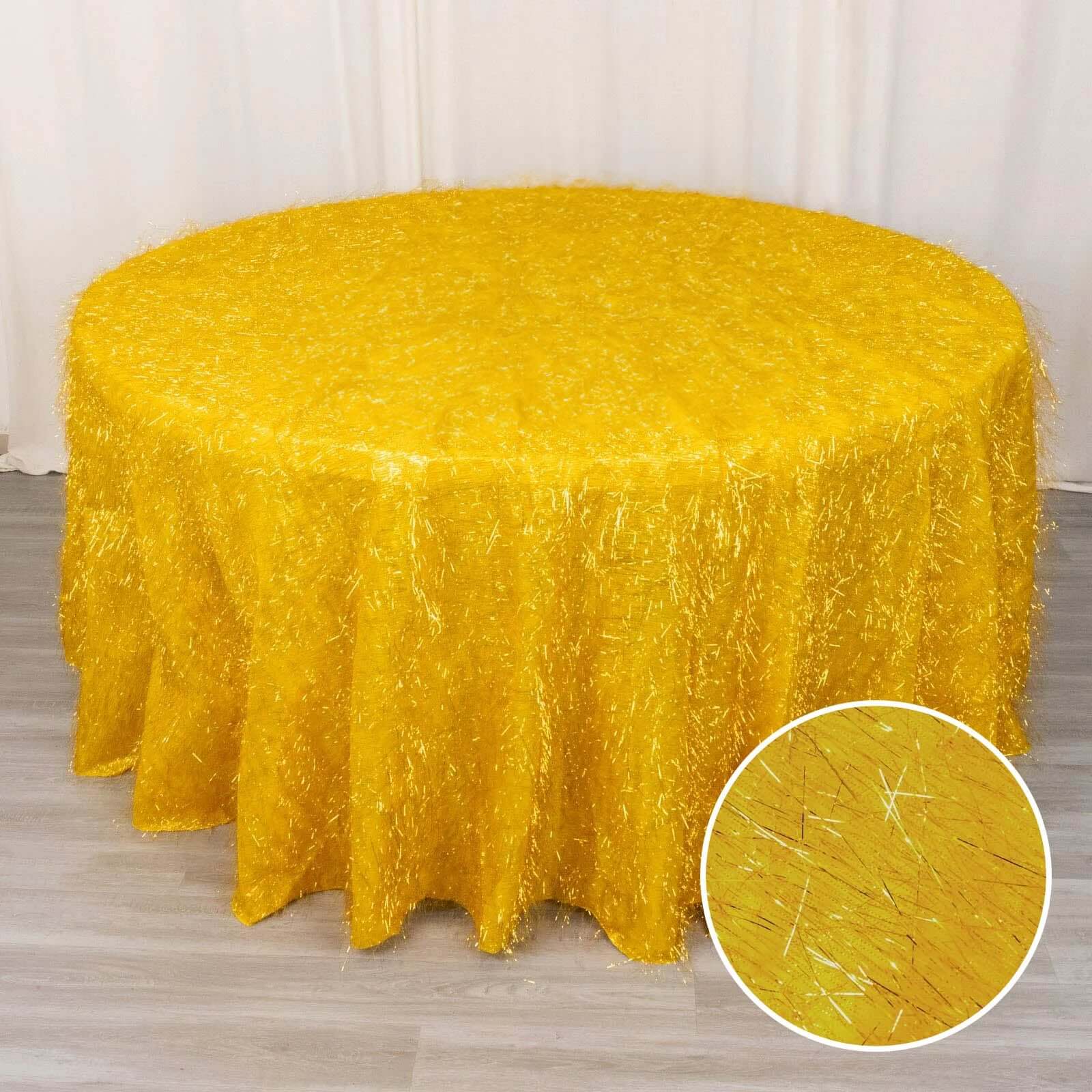 120-Inch Round Gold Polyester Tablecloth with Metallic Fringe for Weddings and Events