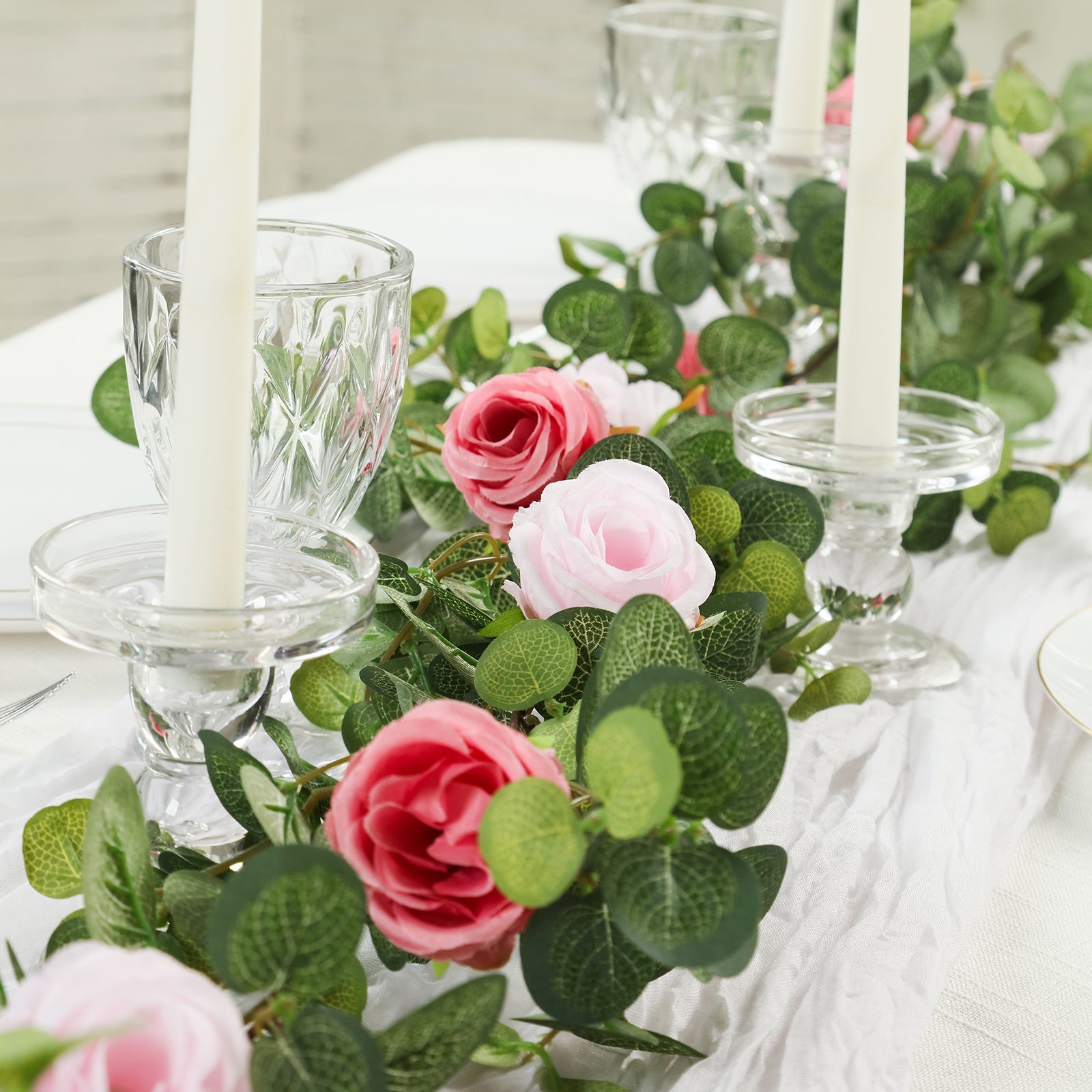 6ft Artificial Eucalyptus Garland with Blush and Dusty Rose Silk Roses - Perfect for Decor