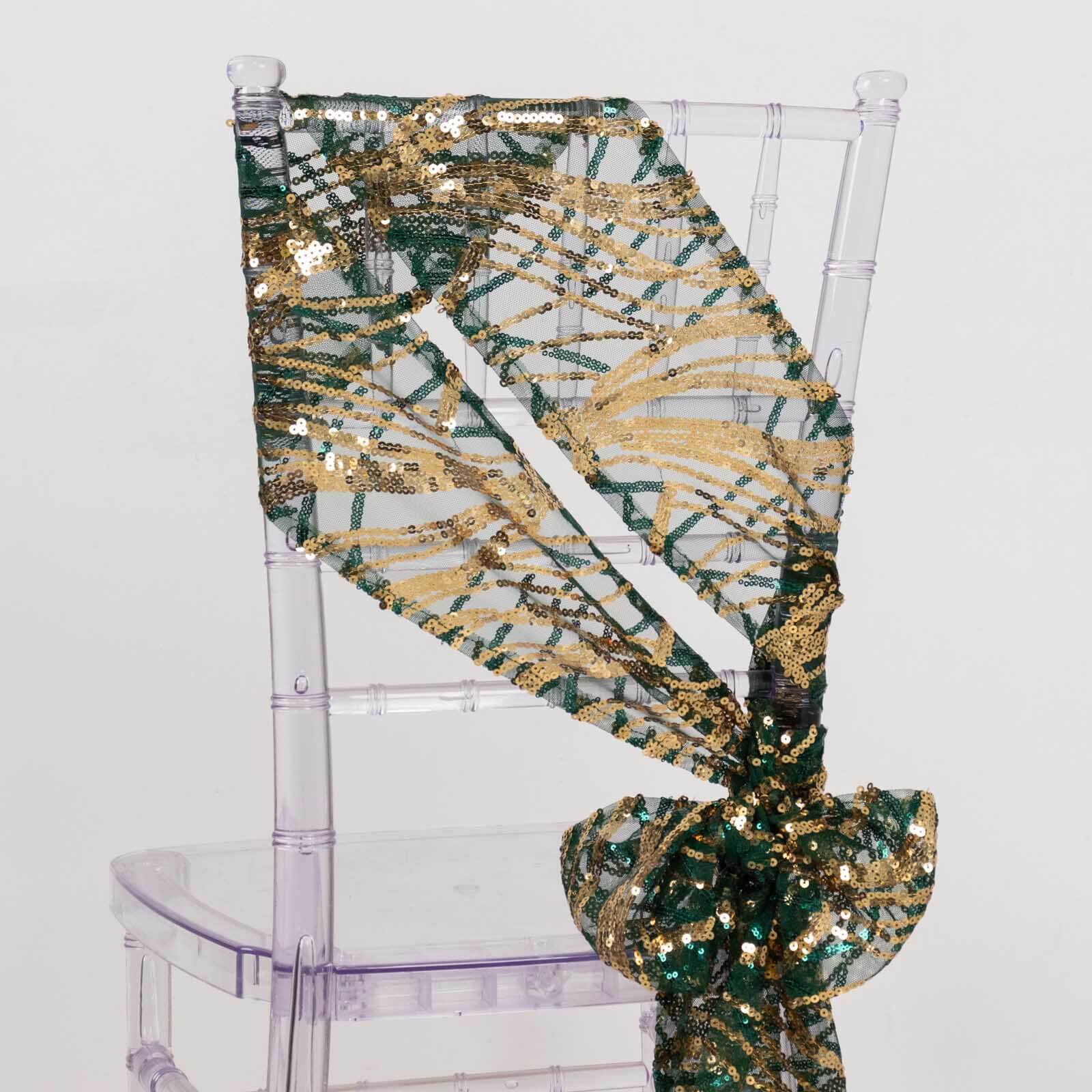 Special Offer! 5-Piece Chair Sashes in Sparkling Hunter Emerald Green/Gold with Wave Sequin Design