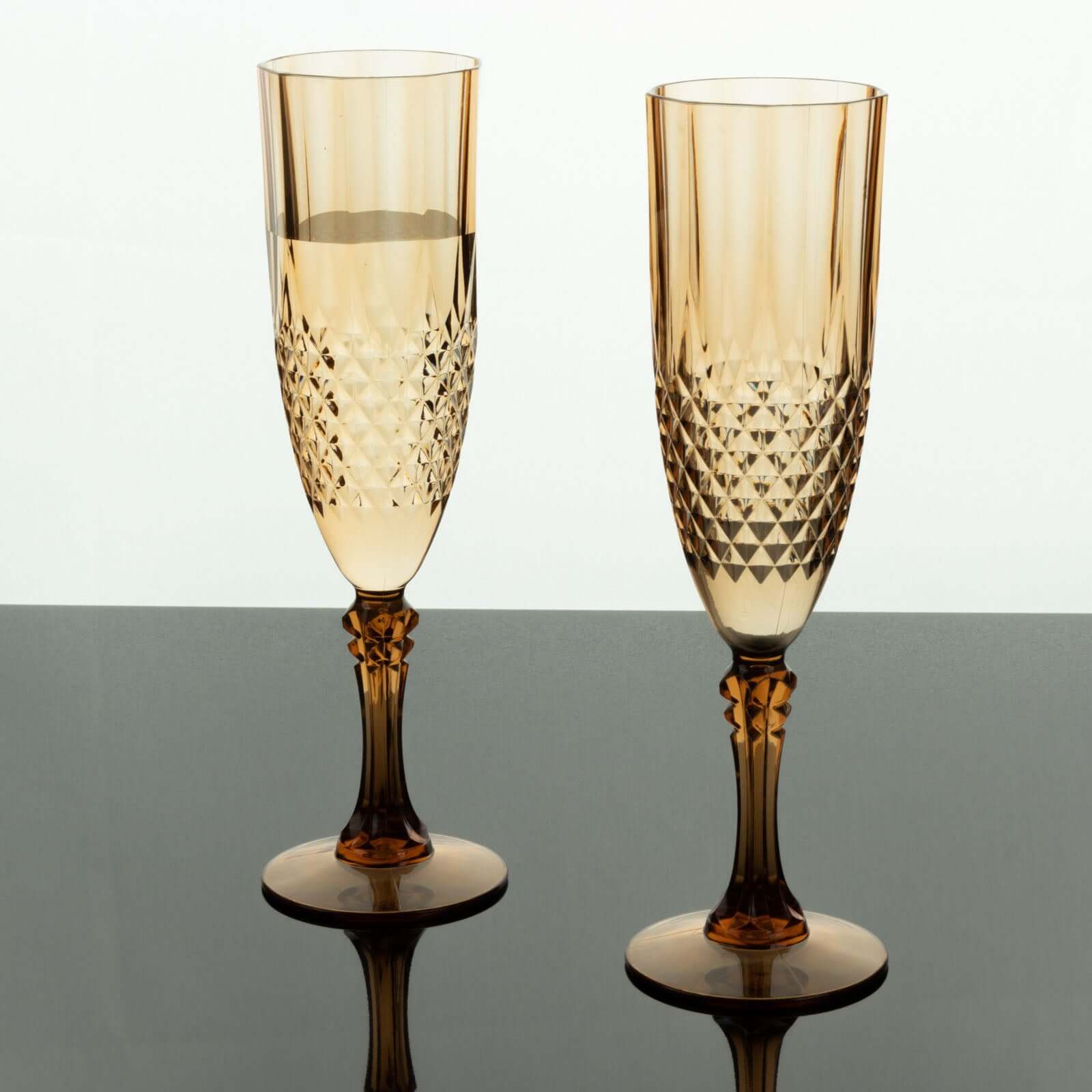 6-Piece Set of Reusable 8oz Amber Gold Plastic Champagne Toast Flutes with Crystal Cut Design