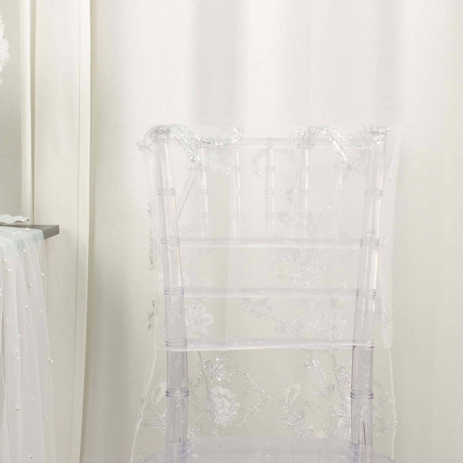 White Organza Chiavari Chair Slipcover with Floral Sequin Embroidery - Ideal for Weddings