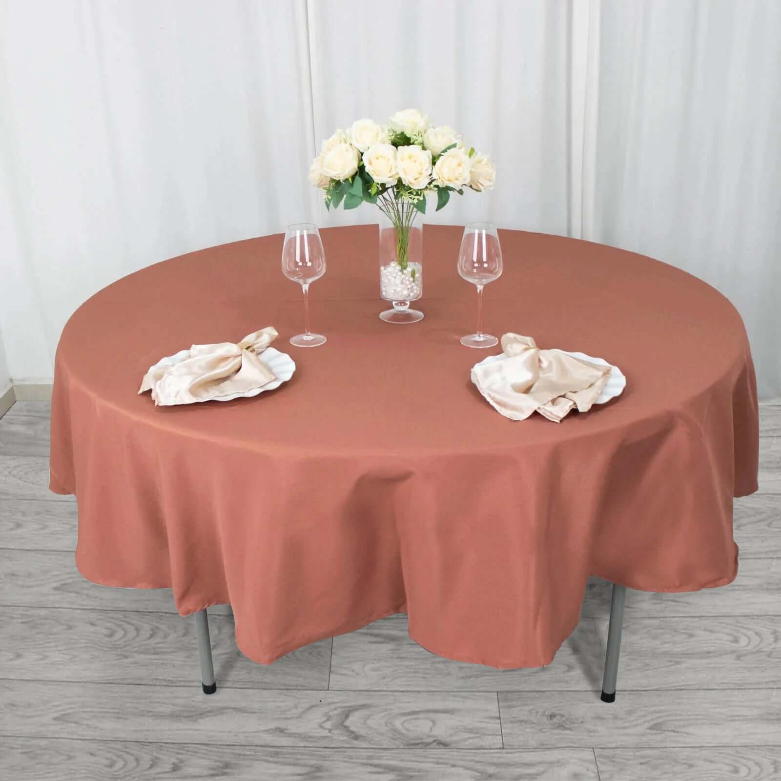 Exclusive 90' Terracotta Polyester Round Tablecloth - Stain & Wrinkle Resistant