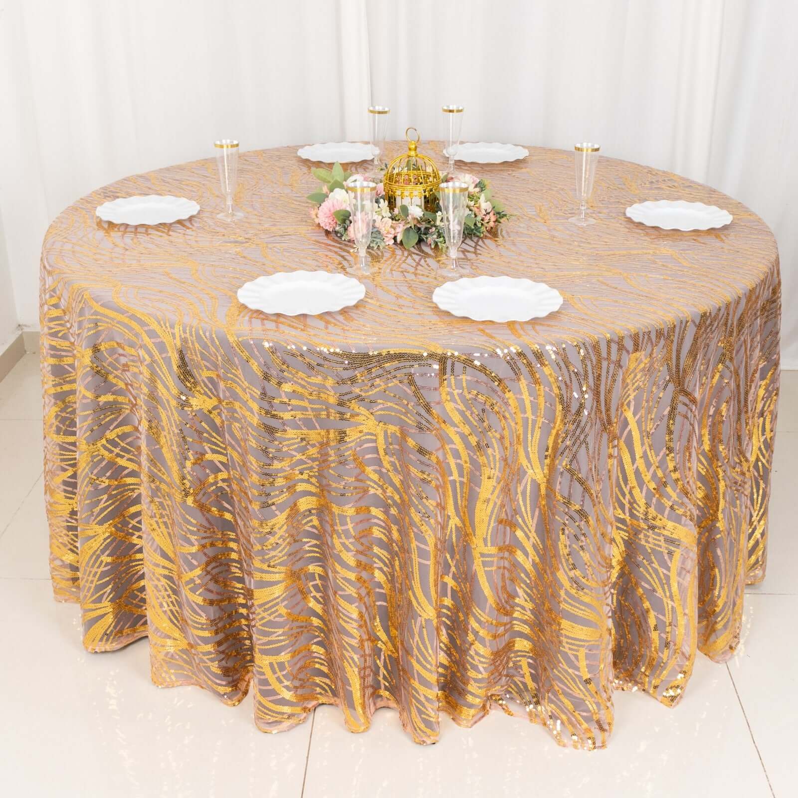Hot! Rose Gold/Gold Sequin Mesh 120" Round Seamless Tablecloth