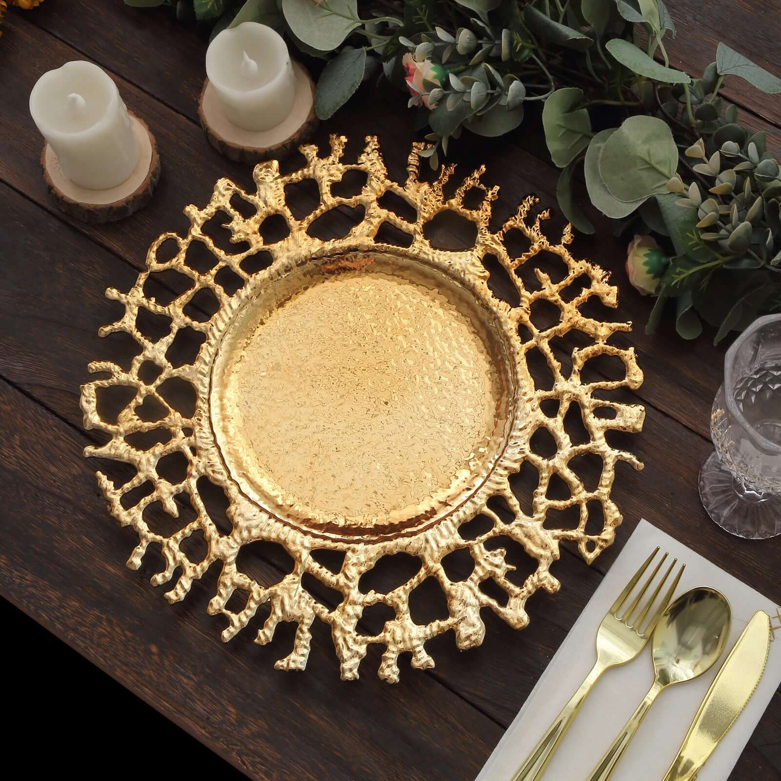 Hot Sale! 6-Pack 13-inch Gold Acrylic Round Charger Plates with Molten Branch Design for Dinner Parties