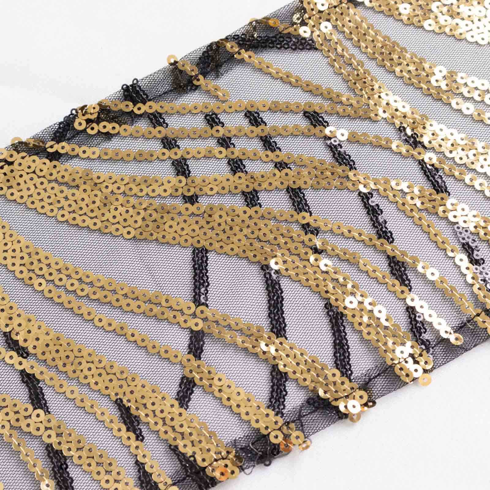 Set of 5 Black/Gold Wave Embroidered Sequin Chair Sashes - Elegant Wedding Decor