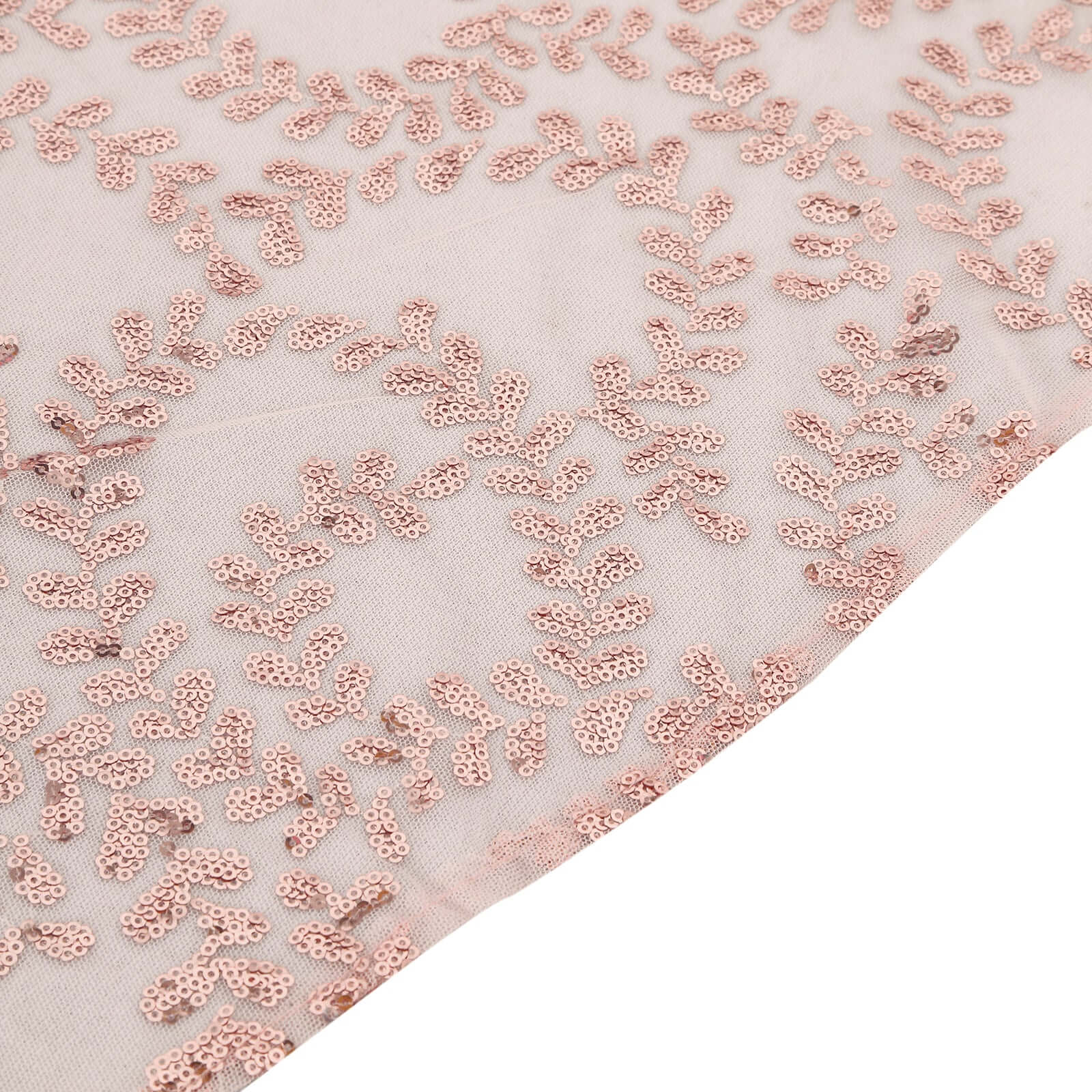 Hot Sale! 120' Round Seamless Rose Gold Tulle Tablecloth with Embroidered Sequin Leaf Design