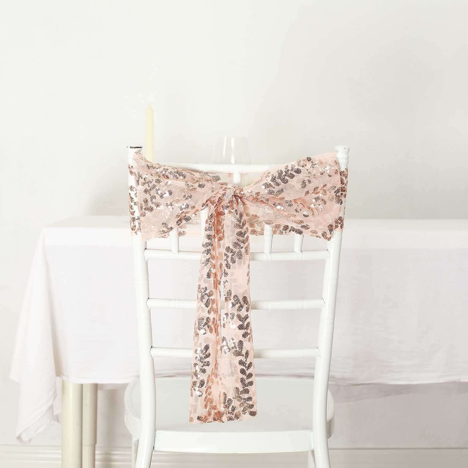 Hot Deal! 5-Piece Rose Gold Tulle Chair Sashes with Leaf Vine Sequin Embroideries, 6x88 Inches