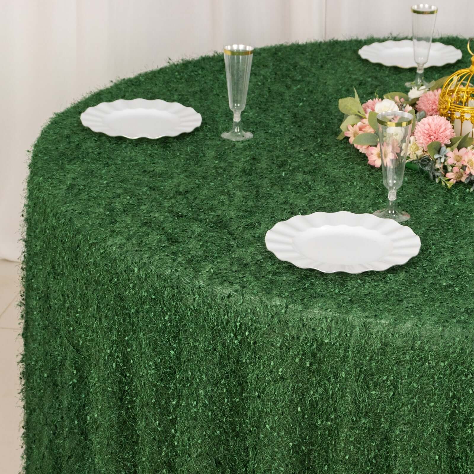 Premium Green Polyester 120 Round Tablecloth with Shaggy Fringe