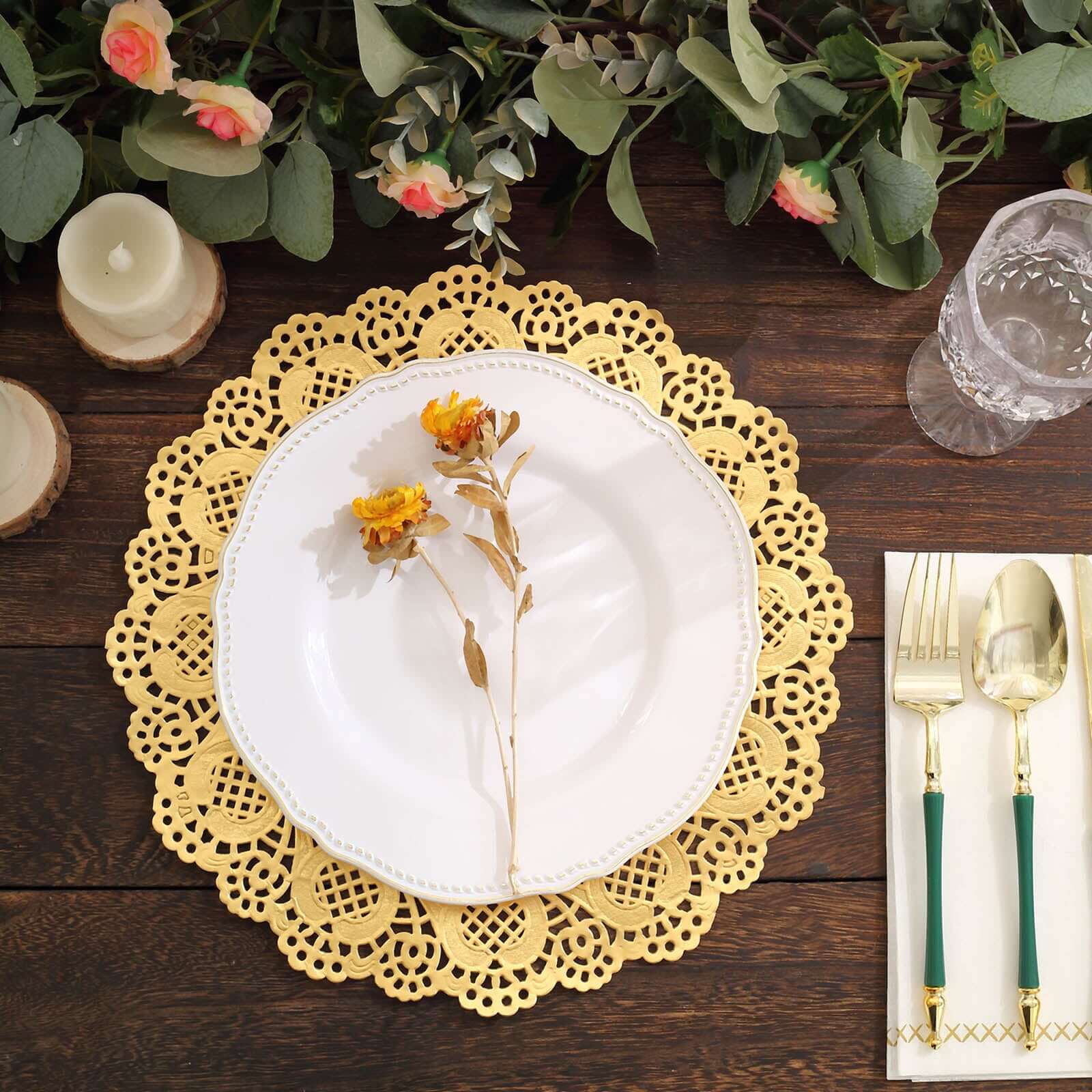 50 Pieces of 12-Inch Gold Food-Grade Lace Paper Round Placemats for Dessert & Table Decor