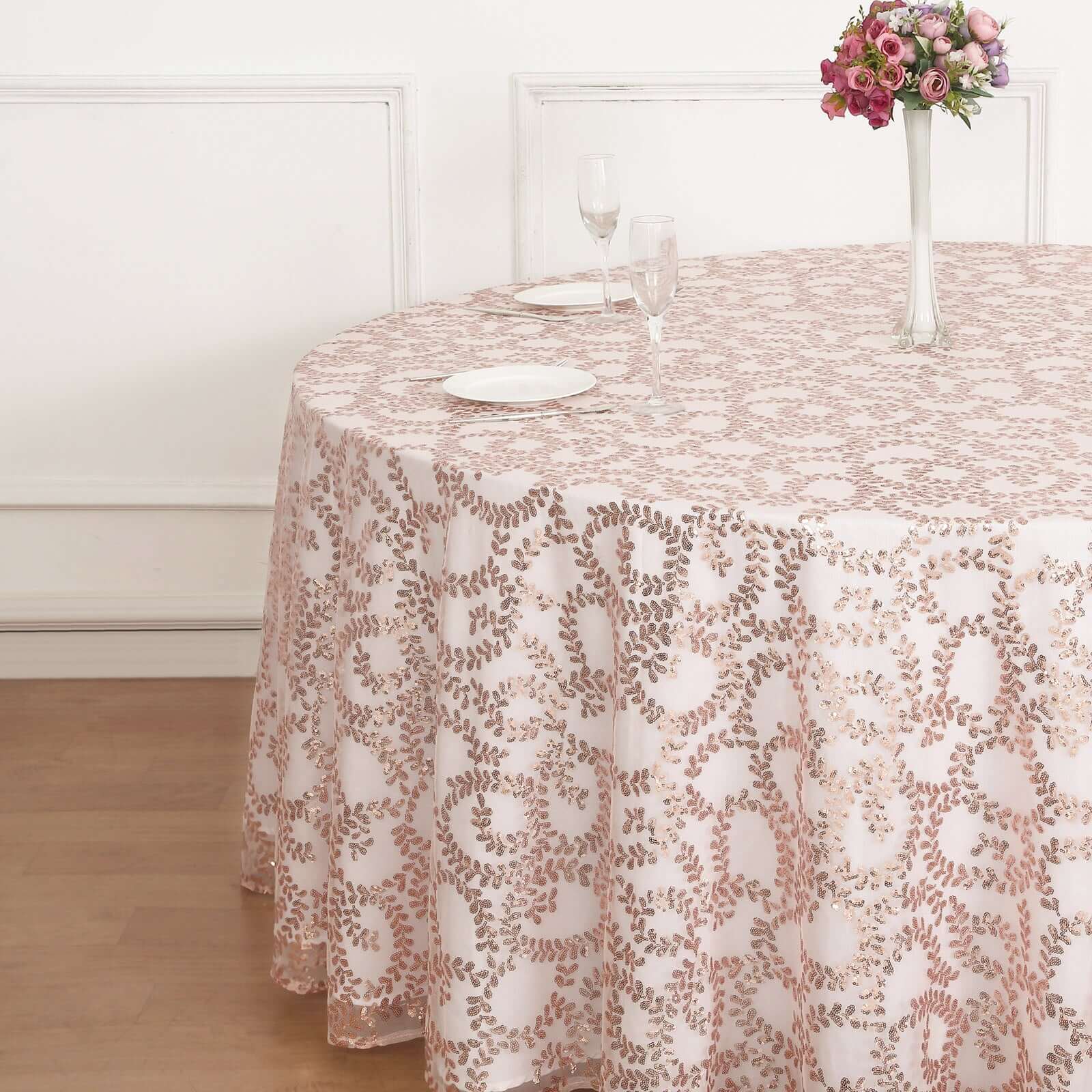 Hot Sale! 120' Round Seamless Rose Gold Tulle Tablecloth with Embroidered Sequin Leaf Design