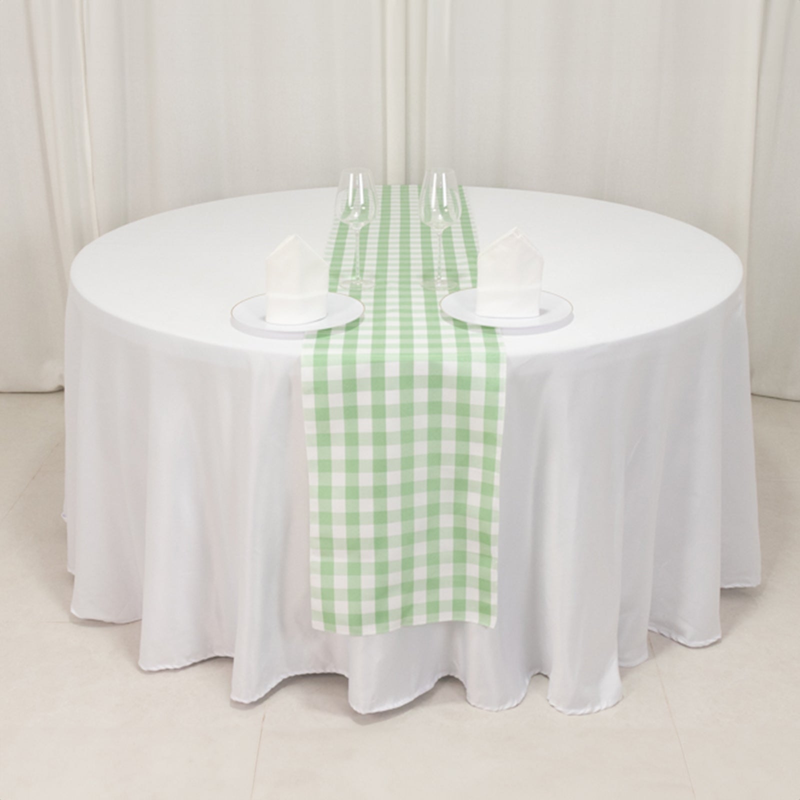 Hot Sale! 14x108 Polyester Table Runner in Sage Green and White Gingham Plaid Design