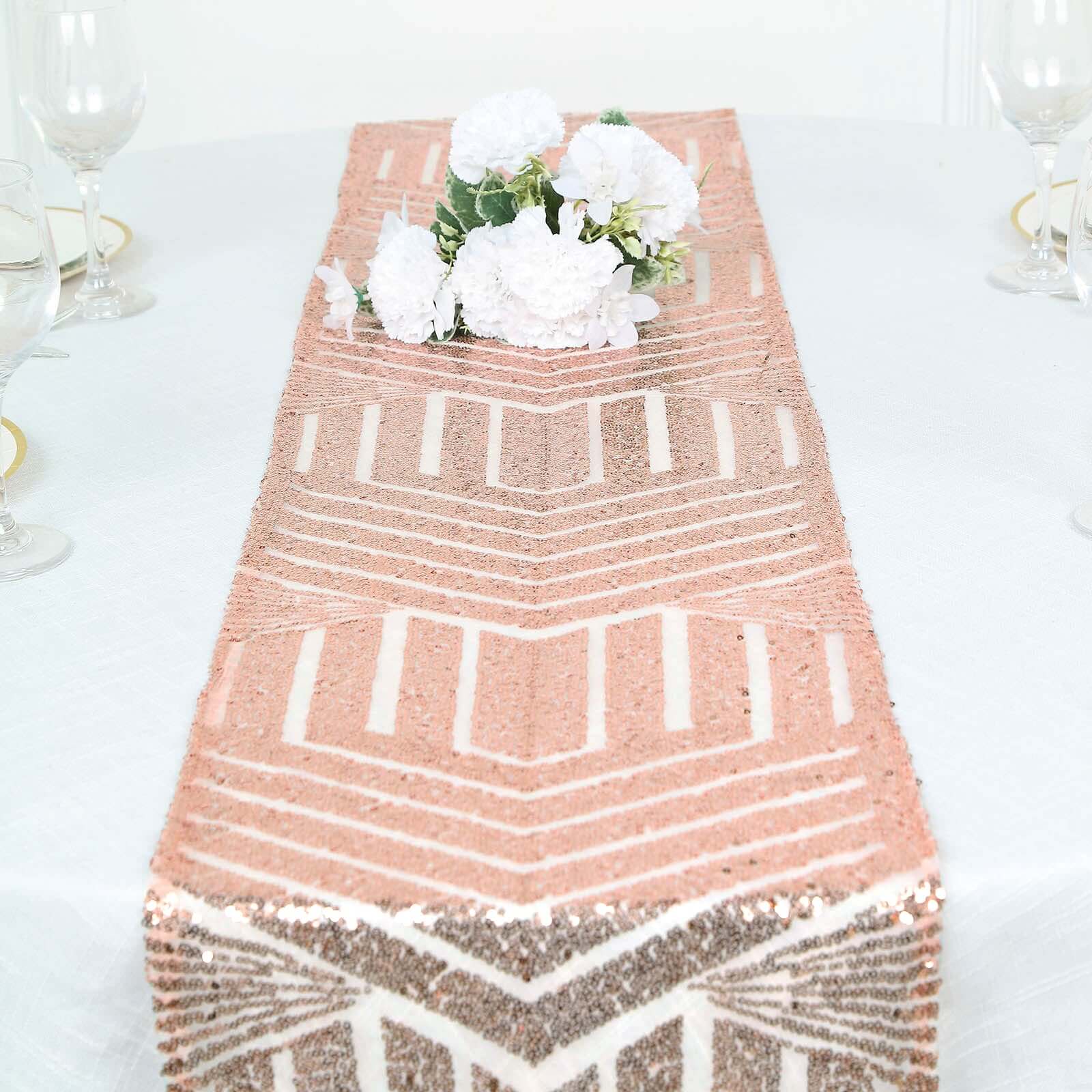 Hot! Rose Gold Sequin 12x108 Table Runner with Diamond Glitz