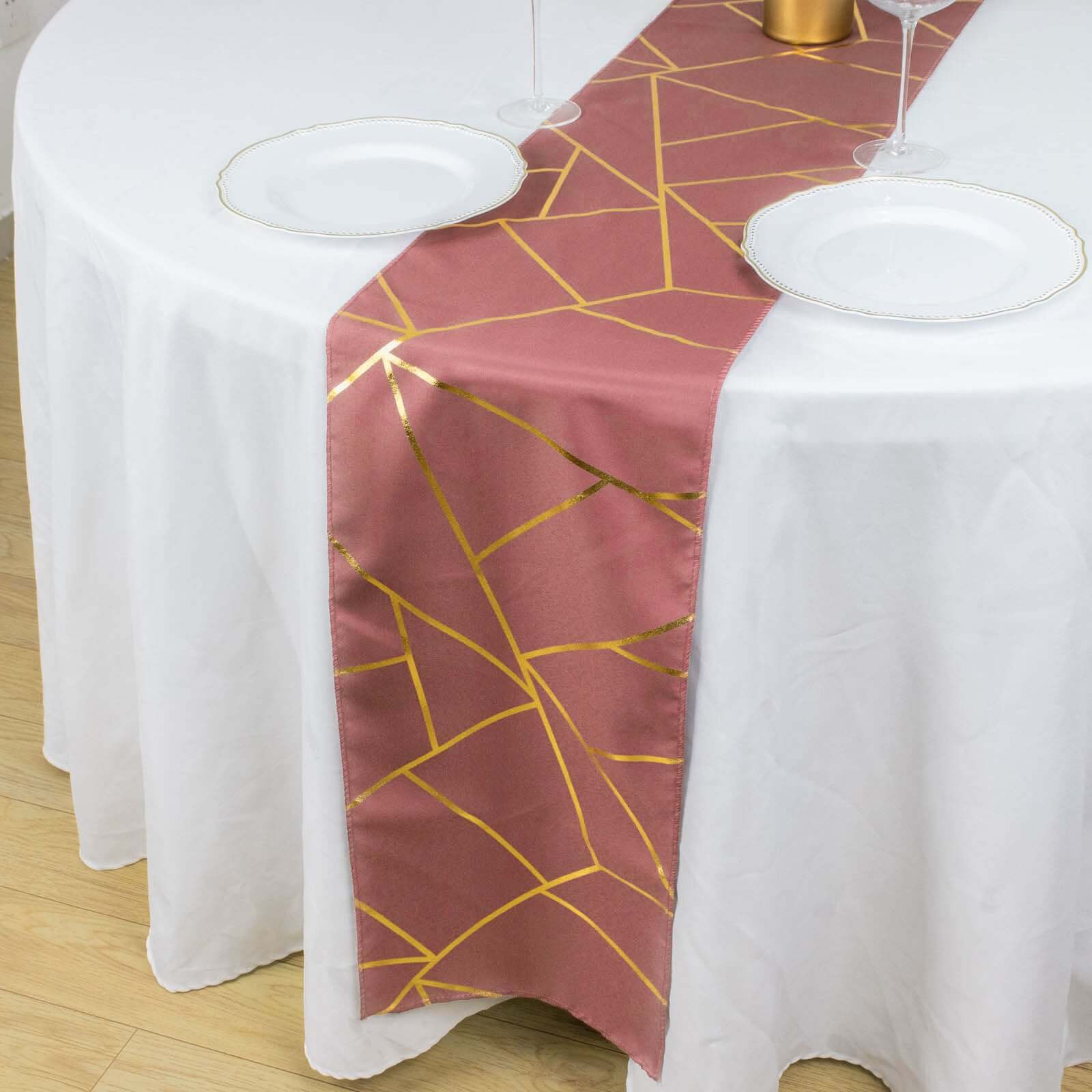 Hot Sale! 9ft Polyester Table Runner in Cinnamon Rose with Gold Foil Geometric Design