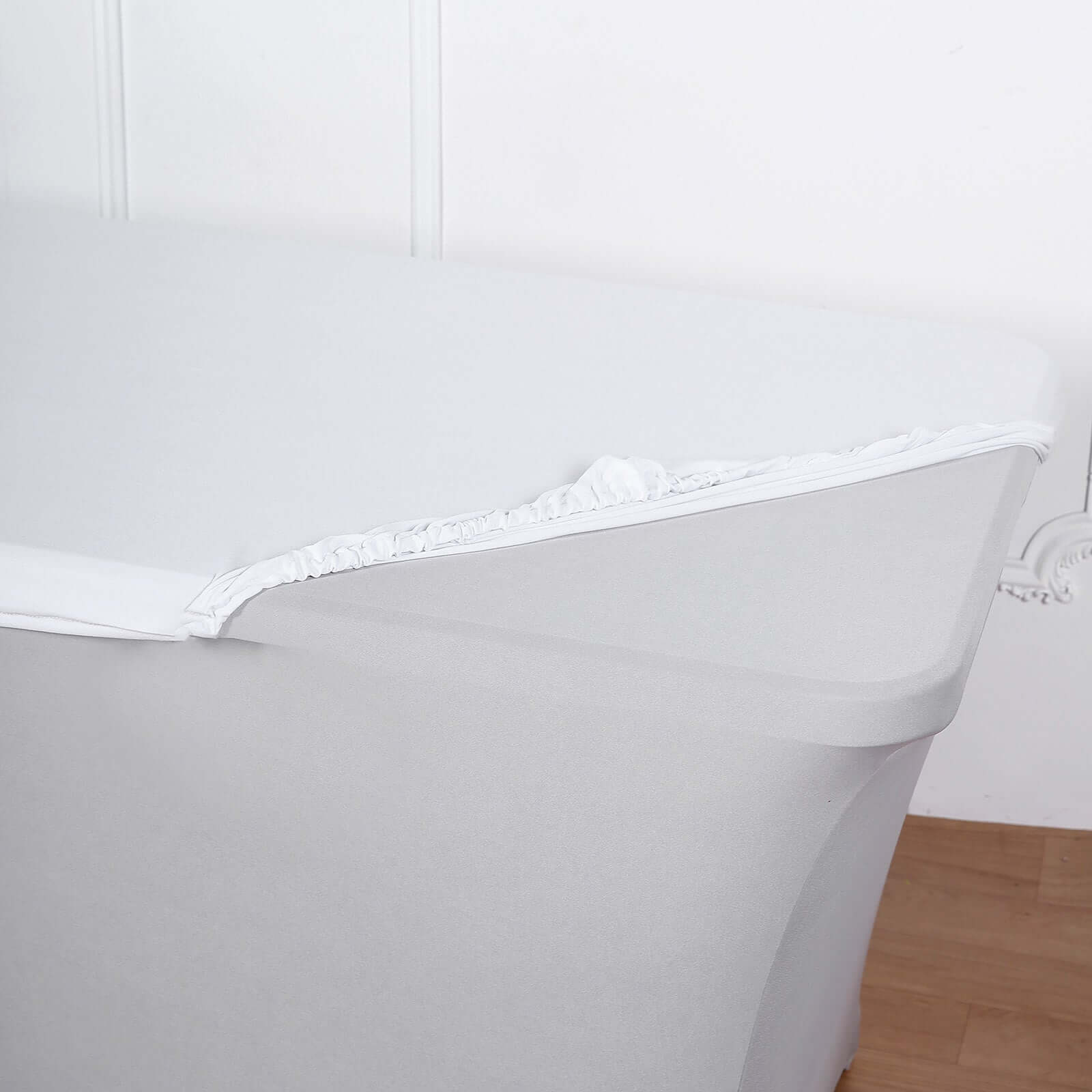 White Stretch Spandex 72x30 Rectangle Fitted Table Topper - Durable & Sleek