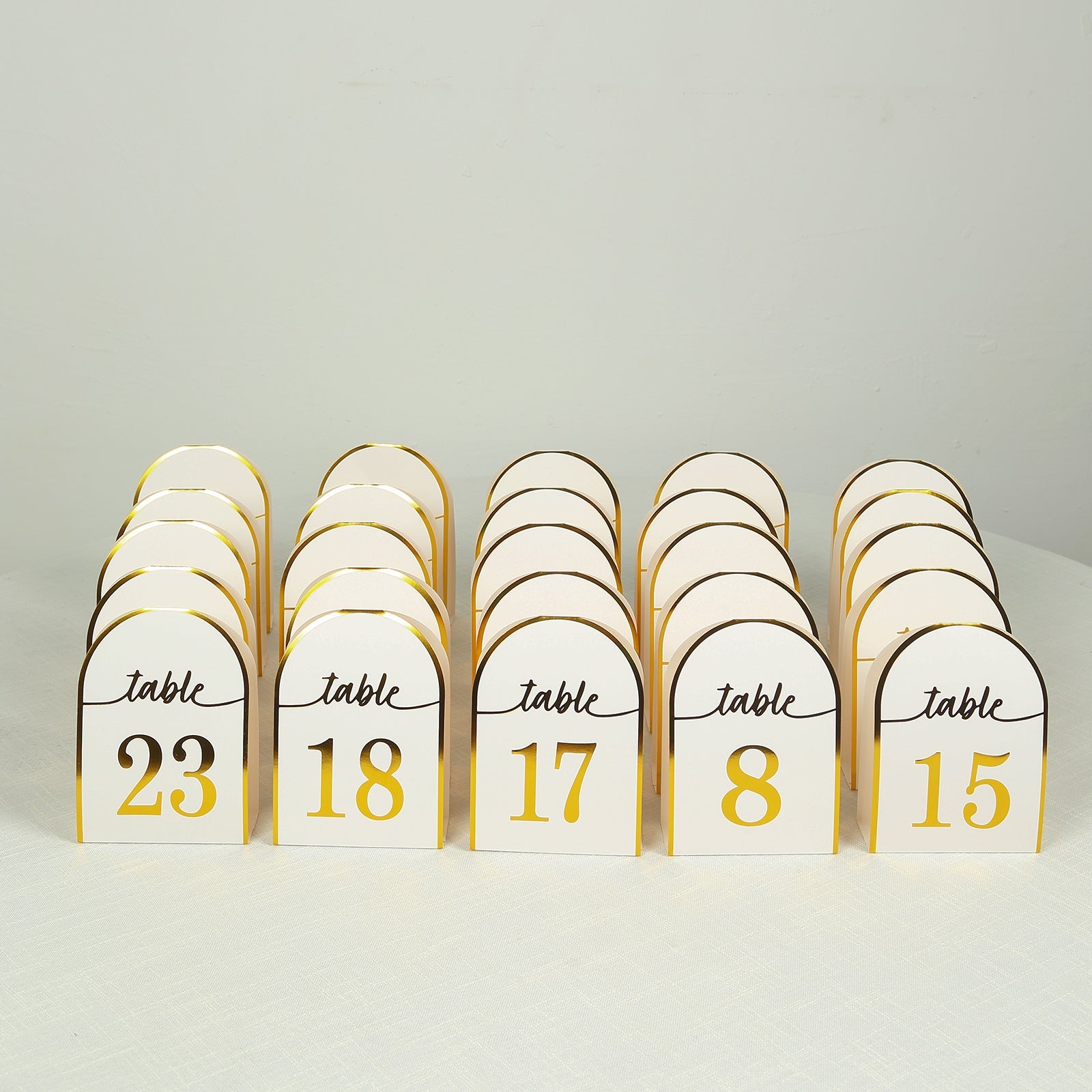 25-Piece Set of Disposable White Table Numbers with Metallic Gold Foil 1 - 25, Free - Standing Double - Sided