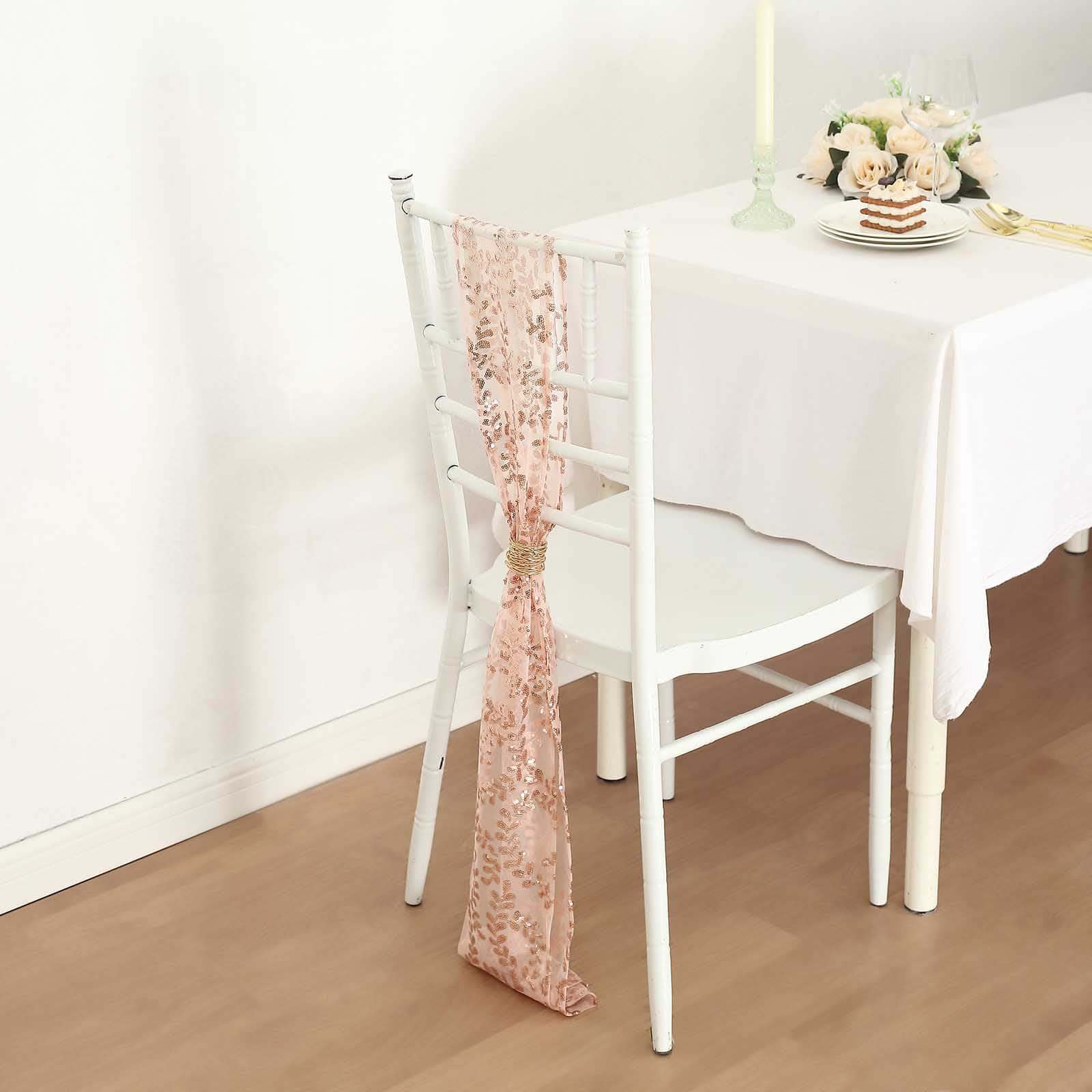 Hot Deal! 5-Piece Rose Gold Tulle Chair Sashes with Leaf Vine Sequin Embroideries, 6x88 Inches
