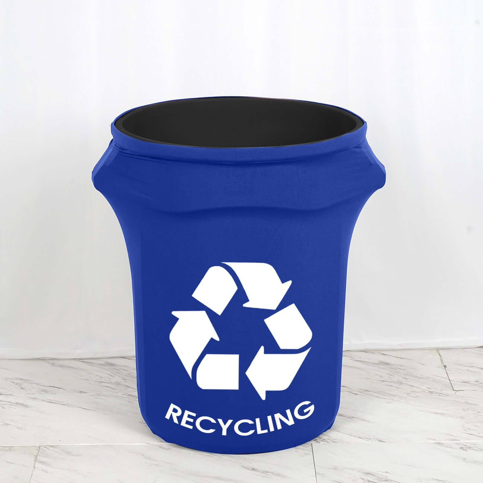 Get This Royal Blue Spandex Stretch Trash Can Cover (41 - 50 Gallons) with Recycling Logo