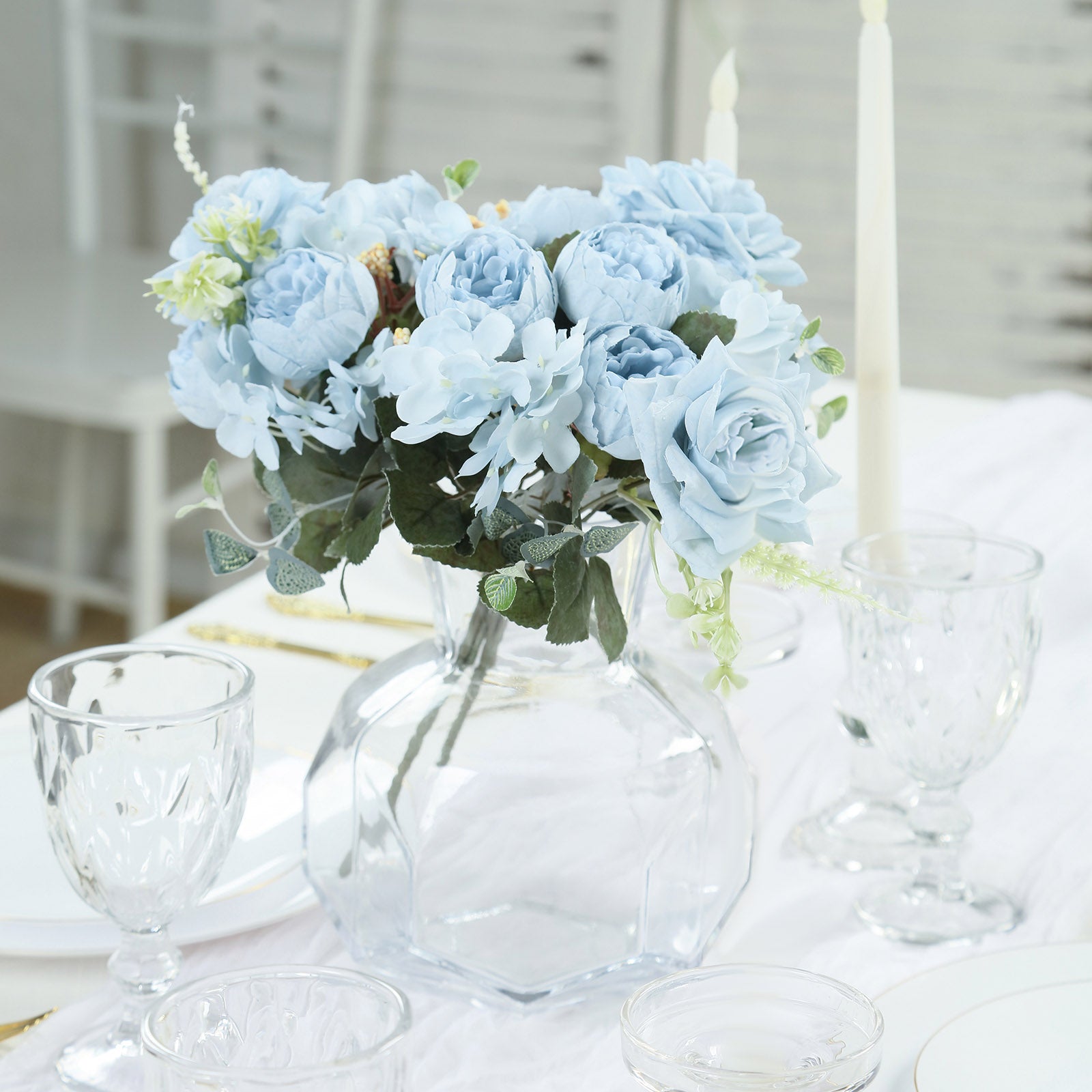 Special Offer! 2-Pack Light Blue Silk Artificial Rose & Peony Floral Arrangements for Weddings and Home Decor