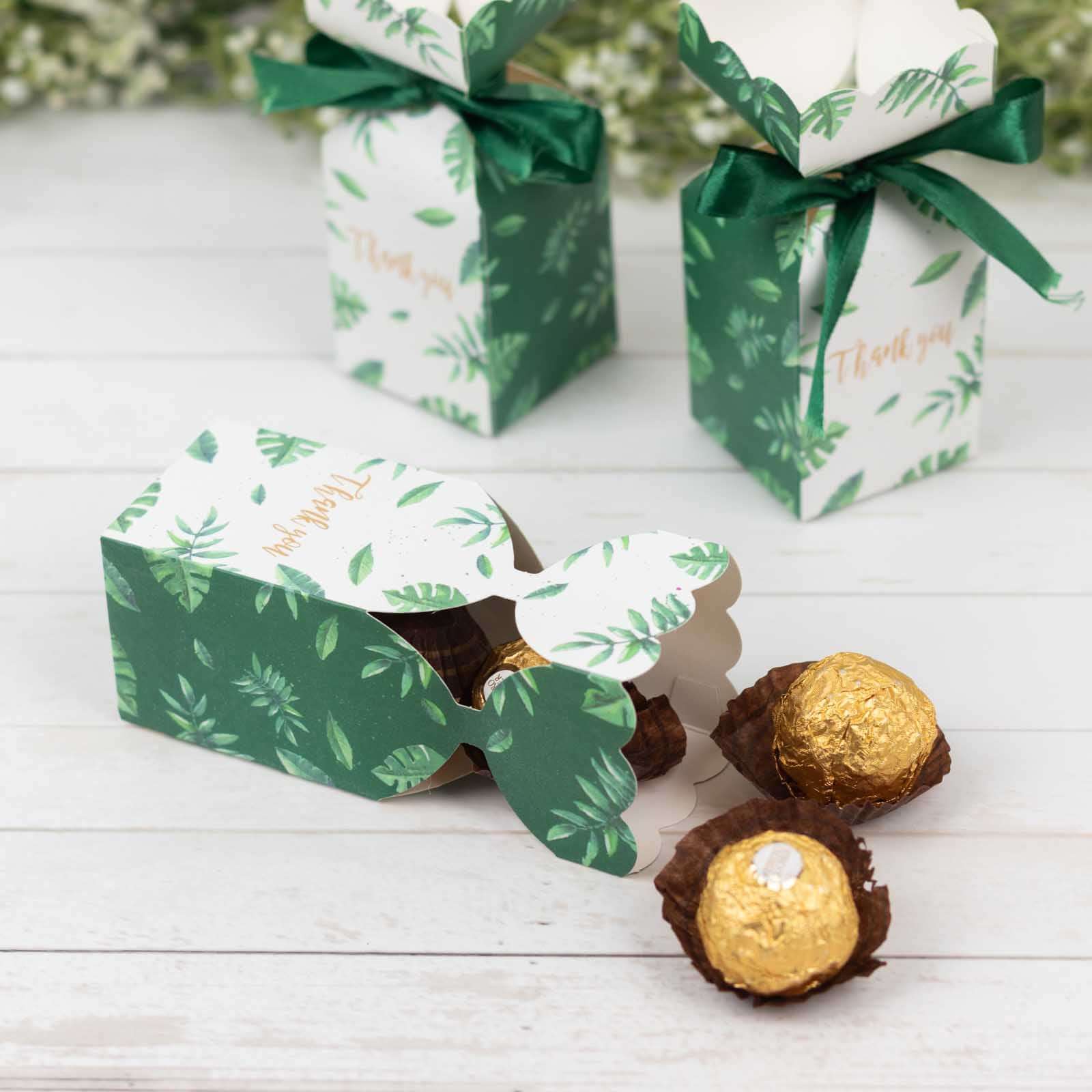25-Pack Green Leaf Print Satin Ribbon Candy Gift Boxes - Perfect Party Favors
