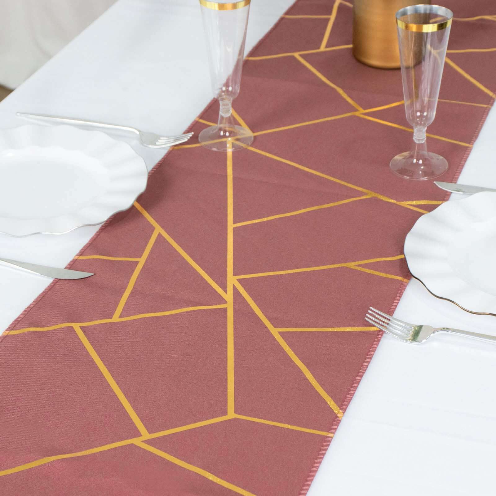 Hot Sale! 9ft Polyester Table Runner in Cinnamon Rose with Gold Foil Geometric Design