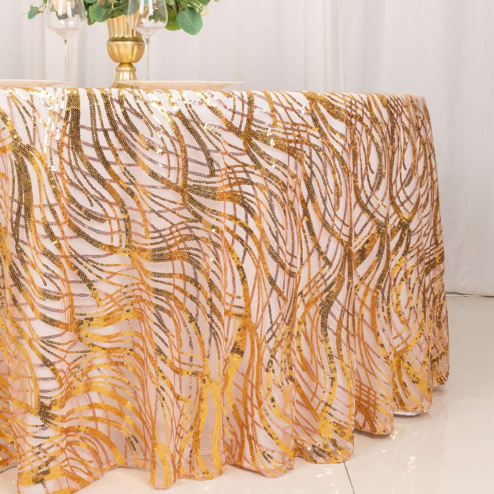 Hot! Rose Gold/Gold Sequin Mesh 120" Round Seamless Tablecloth