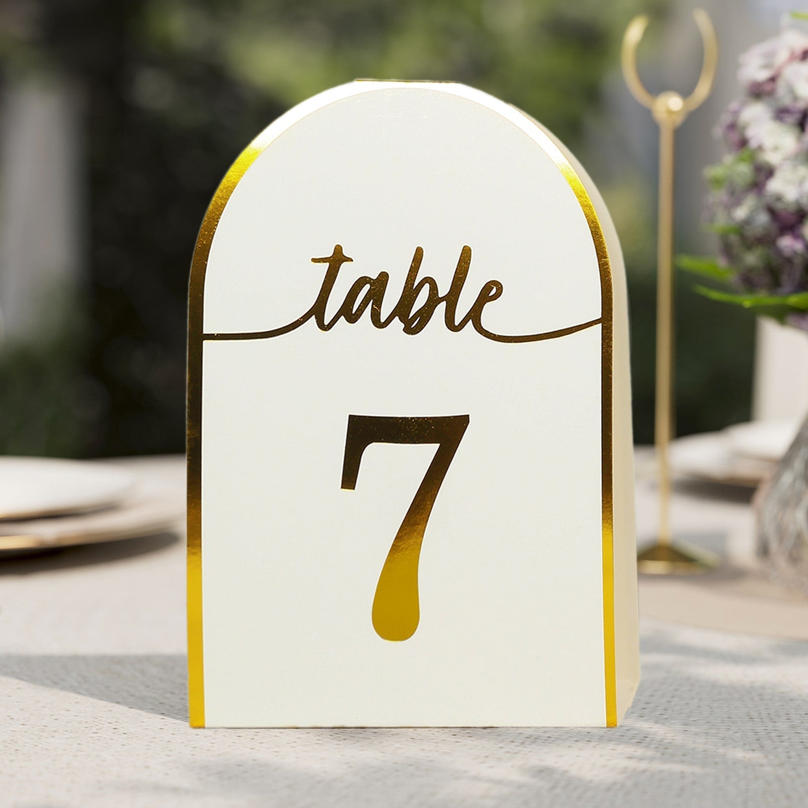 25-Piece Set of Disposable White Table Numbers with Metallic Gold Foil 1 - 25, Free - Standing Double - Sided