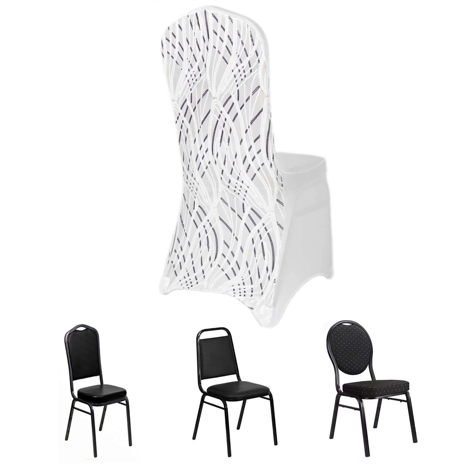 Luxe Glittering Stretch Fitted Slipcover - Spandex Banquet Chair Cover with Wave - Embroidered Sequins in White/Black