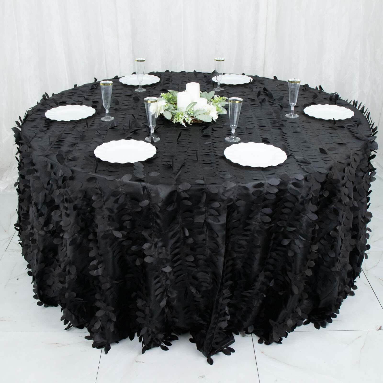 Black 132-Inch Round Taffeta Tablecloth with 3D Leaf Petal Seamless Design
