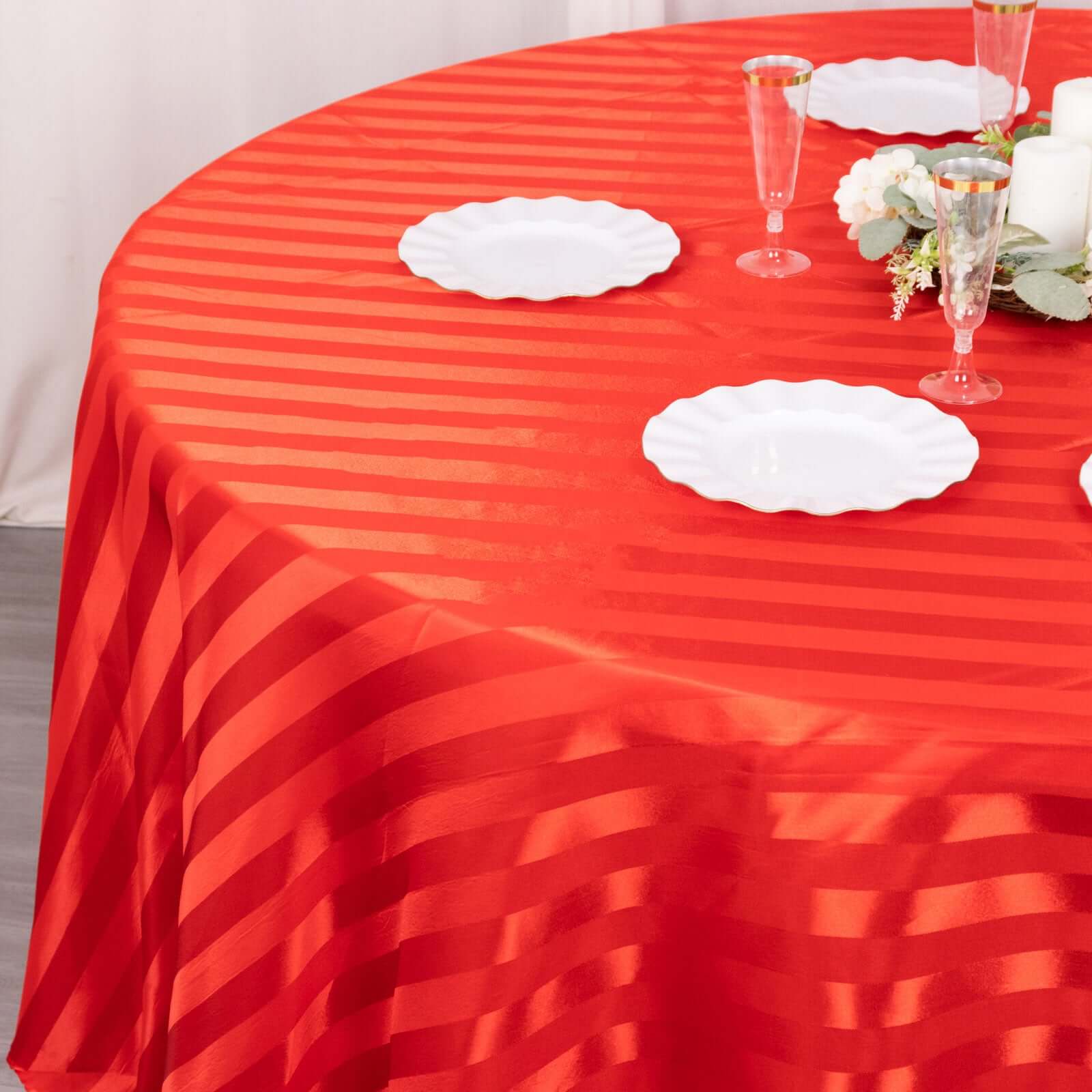 Red Silky Satin 120-Inch Round Striped Seamless Tablecloth