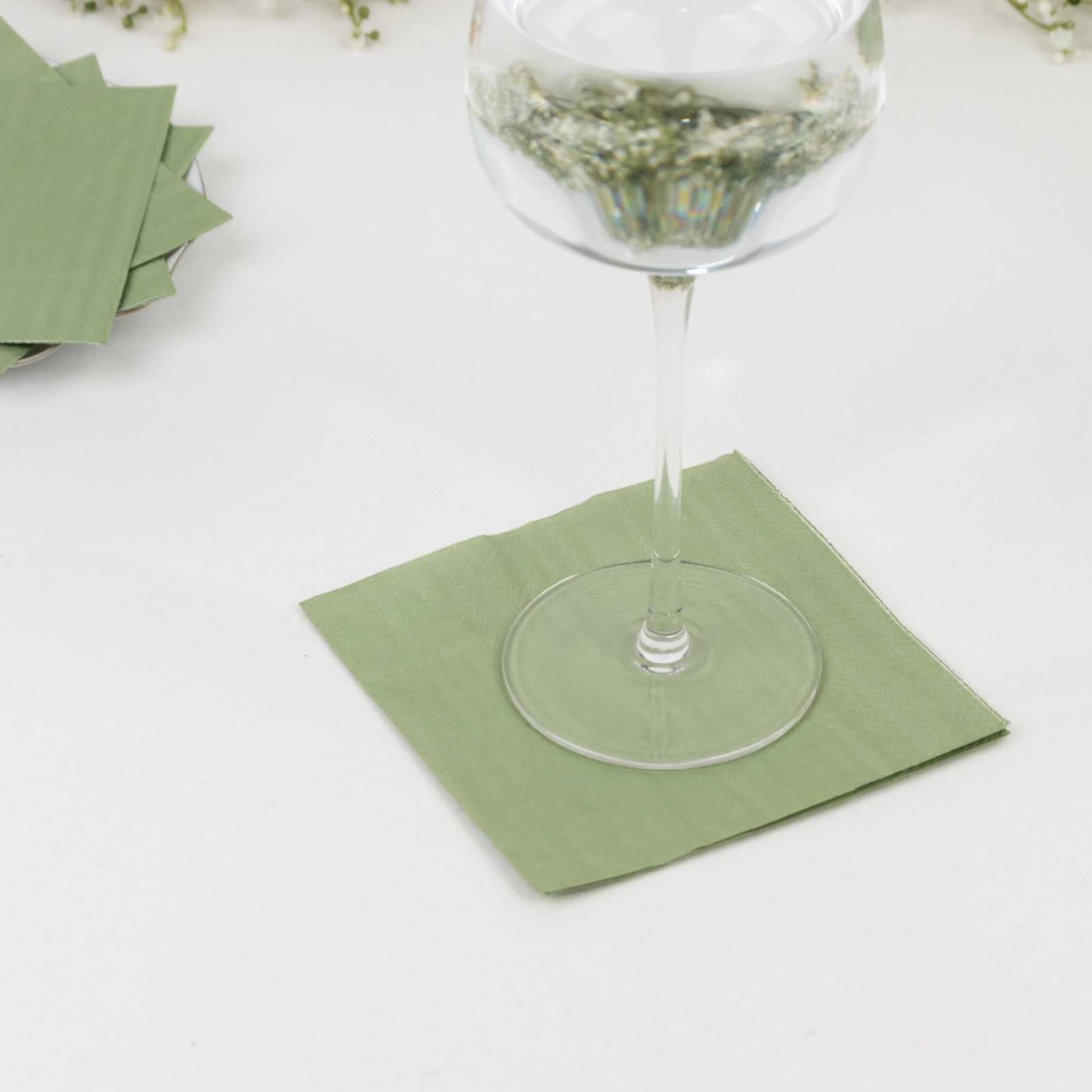 50-Piece Pack of Sage Green 2-Ply Disposable 18GSM Soft Cocktail Paper Beverage Napkins