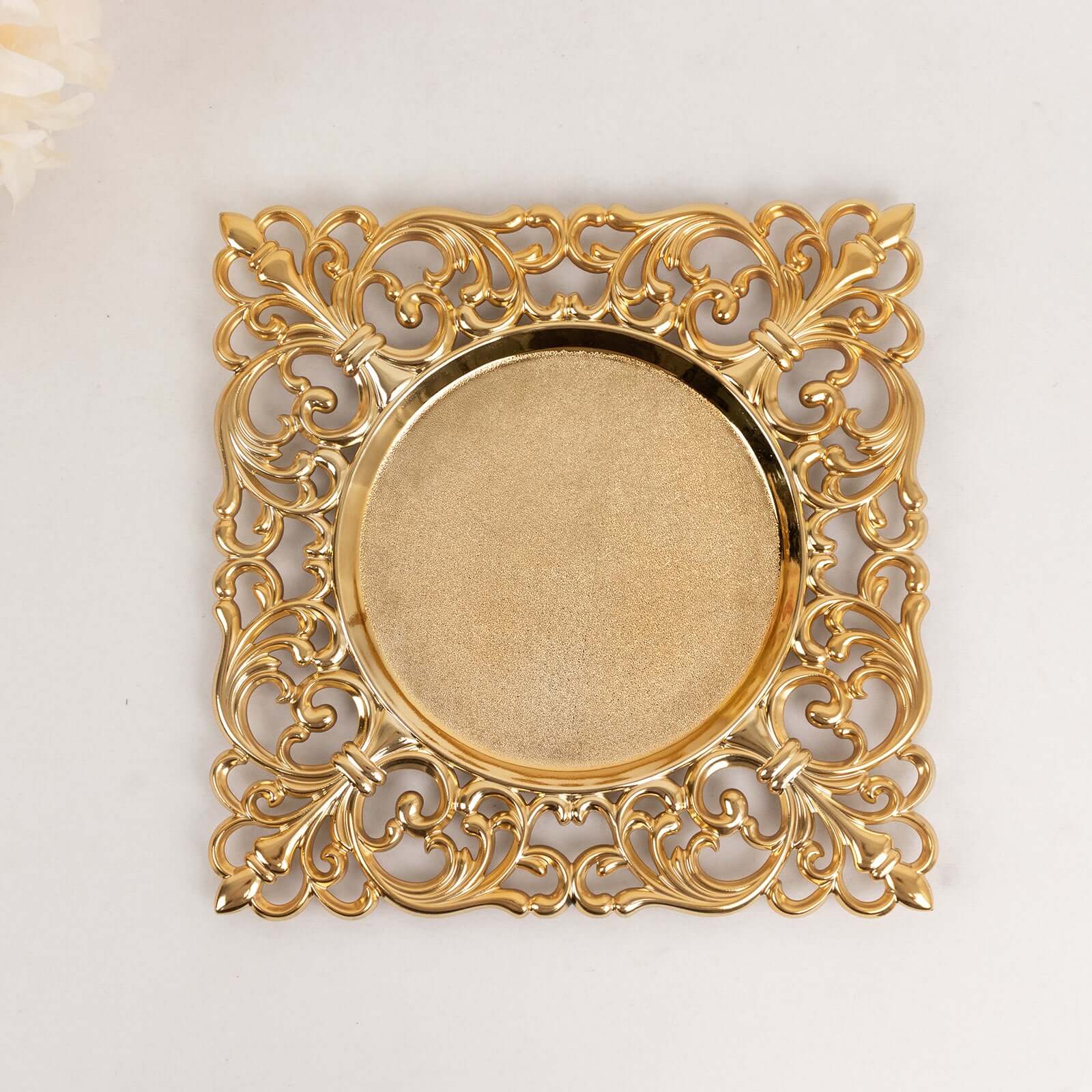 Hot Sale! 6-Piece Set of 12-Inch Gold Acrylic Square Charger Plates with Hollow Lace Border for Event Decor