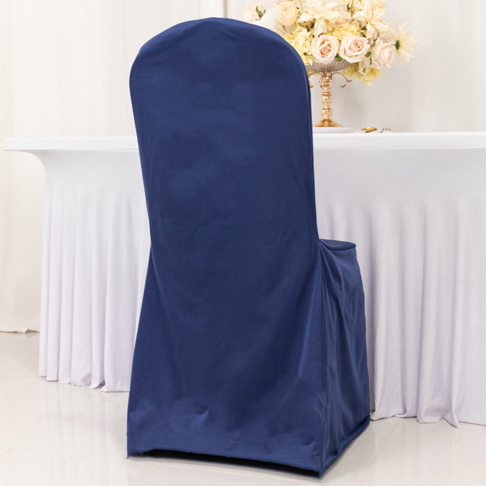 Navy Blue Scuba Stretch Slipcover for Banquet Chairs - Slim, Wrinkle-Free & Durable