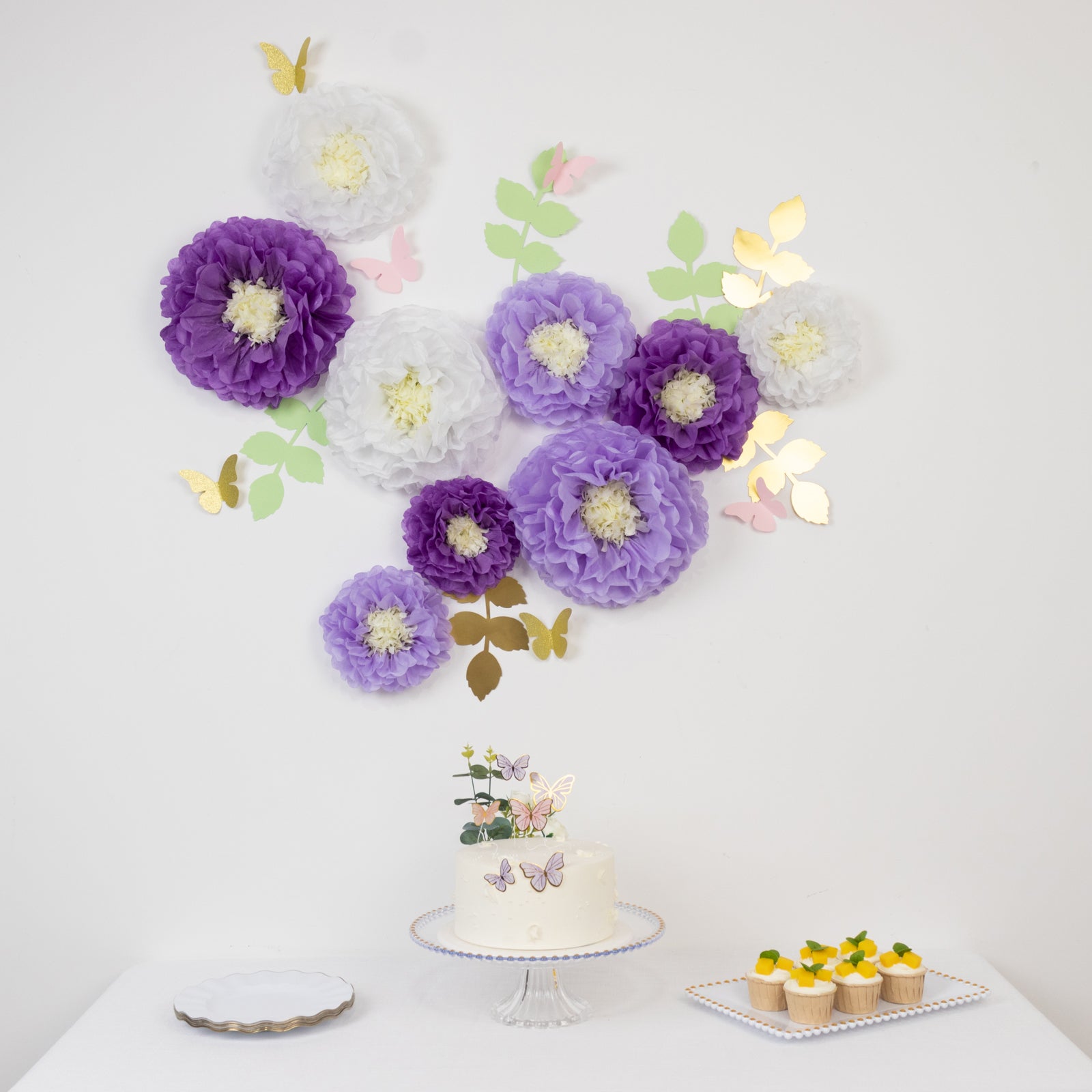 Hot! 21-Piece Tissue Paper Flower Pom Poms Decor Kit - White & Purple 3D Chrysanthemum Wall Decor with Butterflies & Olive Leaves