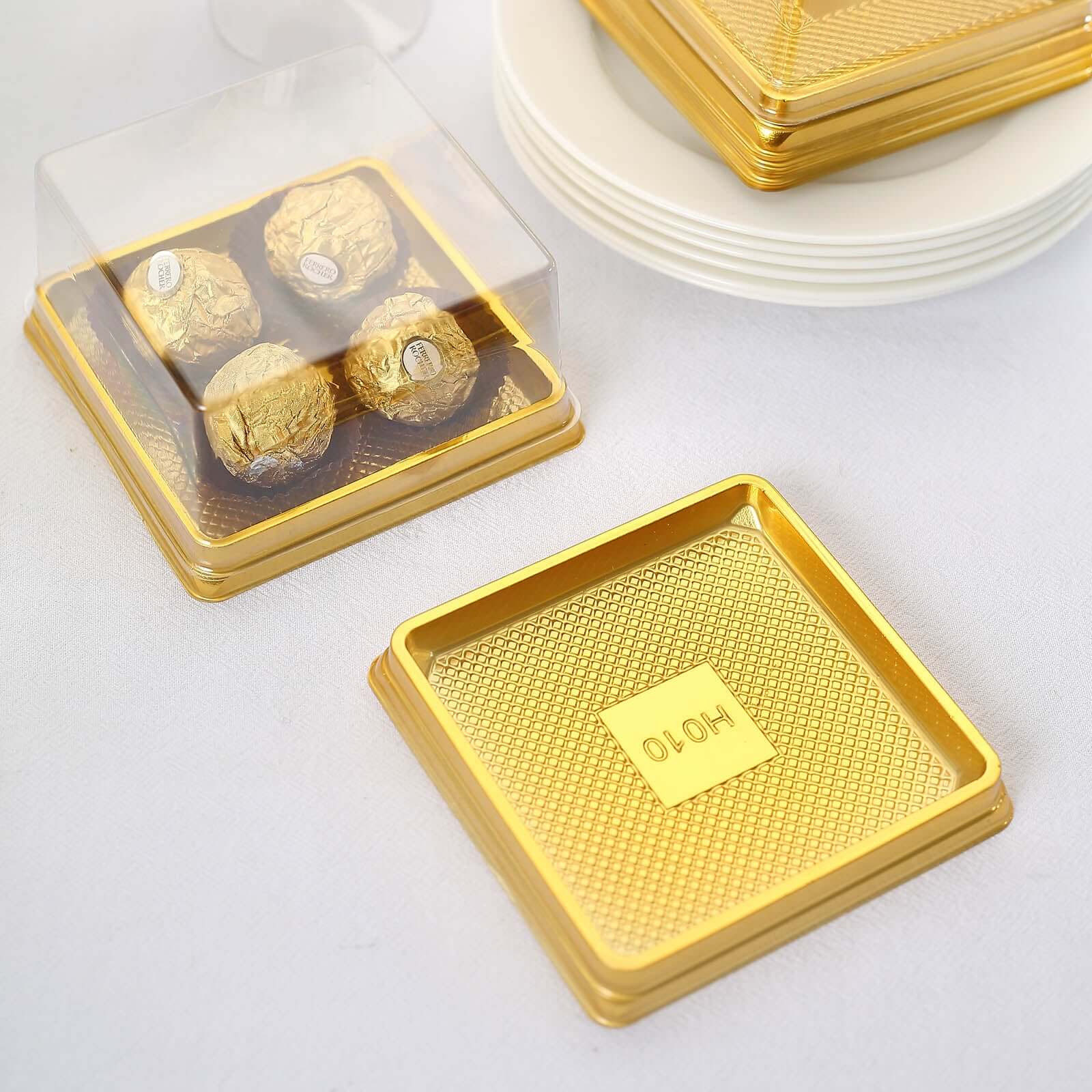 50-Pack Clear & Gold Square Mini Plastic Party Favor Boxes for Cupcakes & Desserts