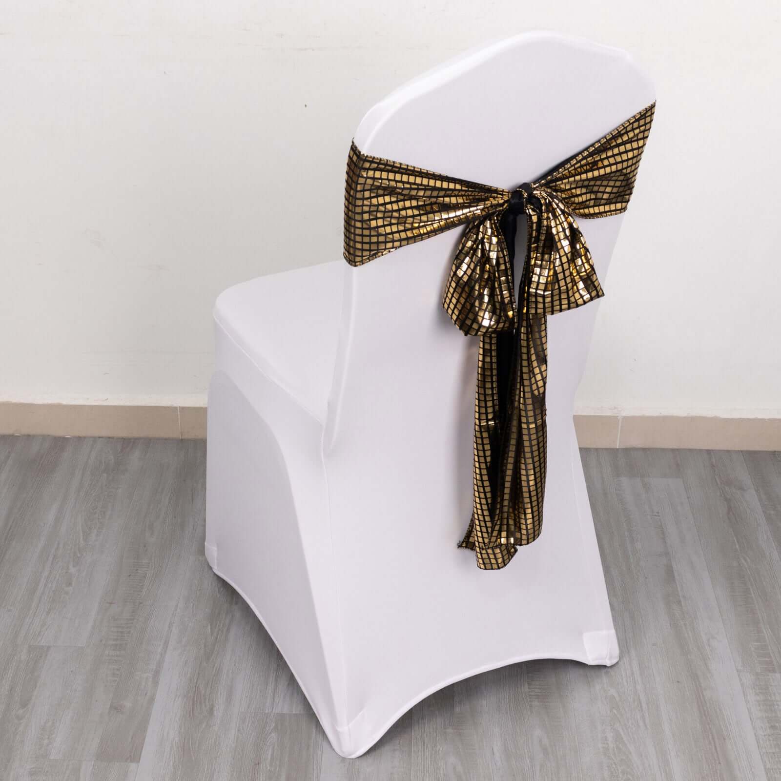 Hot Deal! 5-Pack Black/Gold Shiny Foil Polyester Chair Sashes for Disco Events