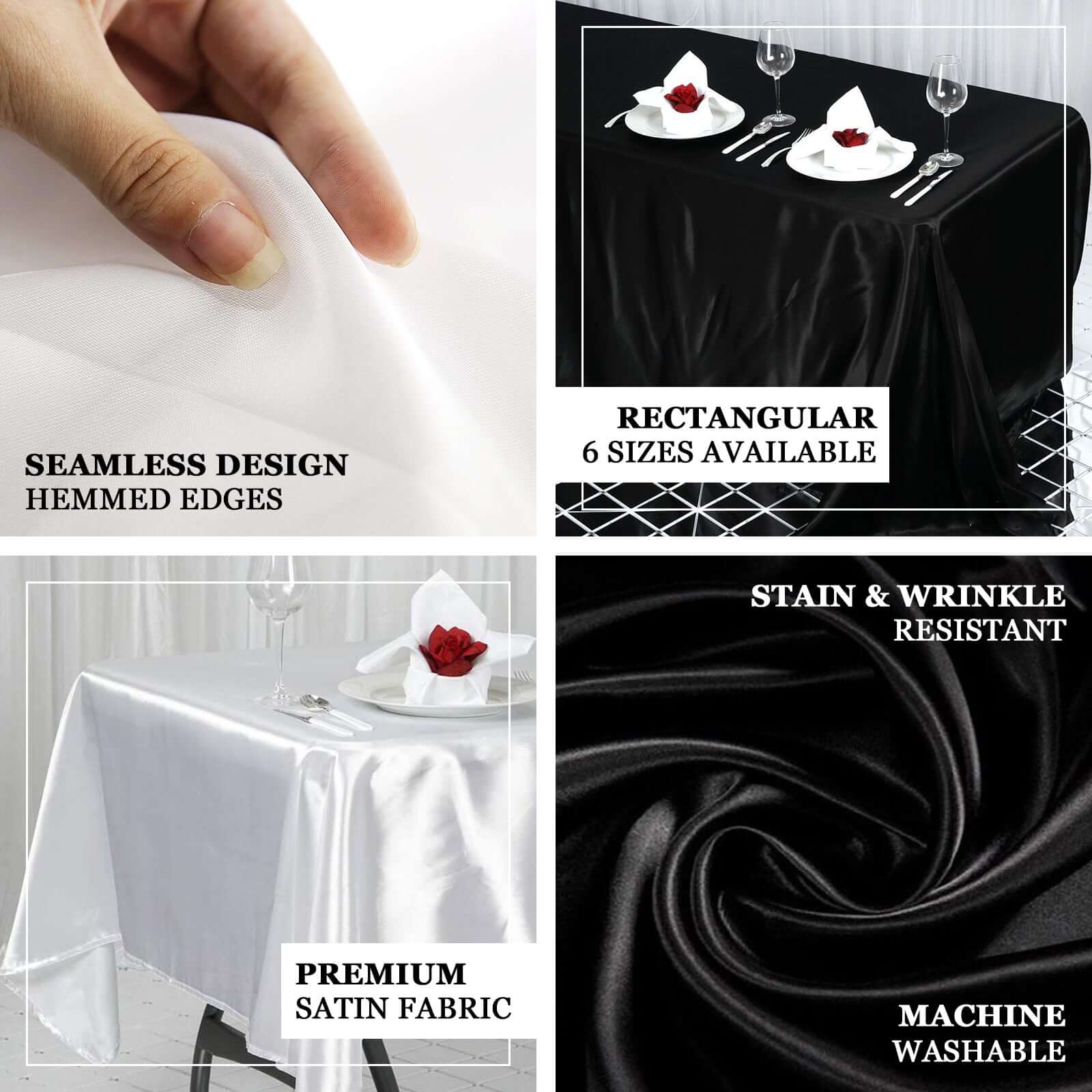 Black Satin 72x120 Rectangular Tablecloth - Smooth, Easy - Care & Perfect for Events