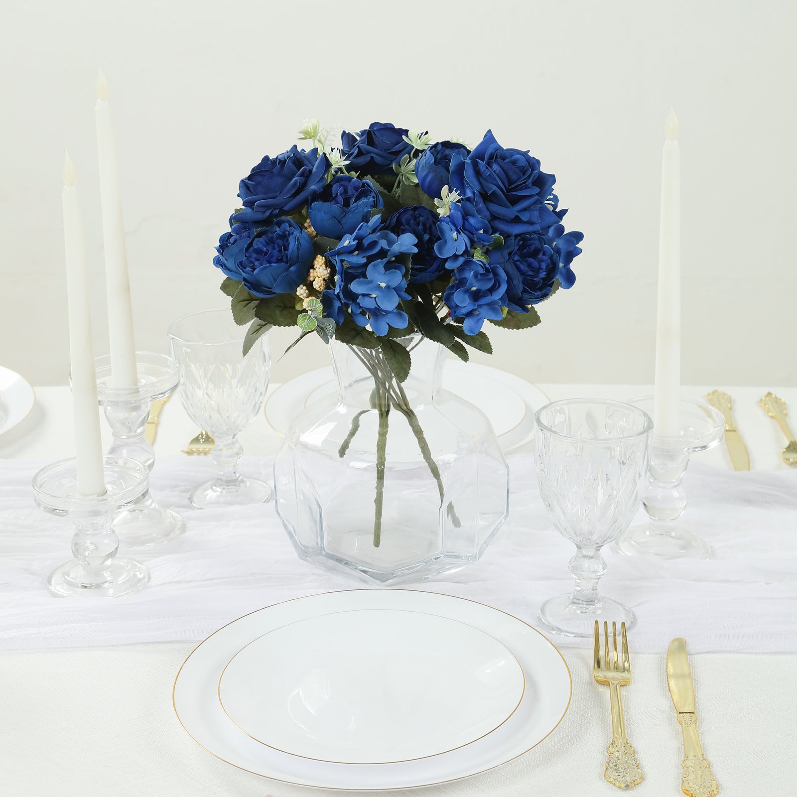 2-Pack Navy Blue Silk Artificial Rose & Peony Floral Arrangements for Weddings and Home Decor