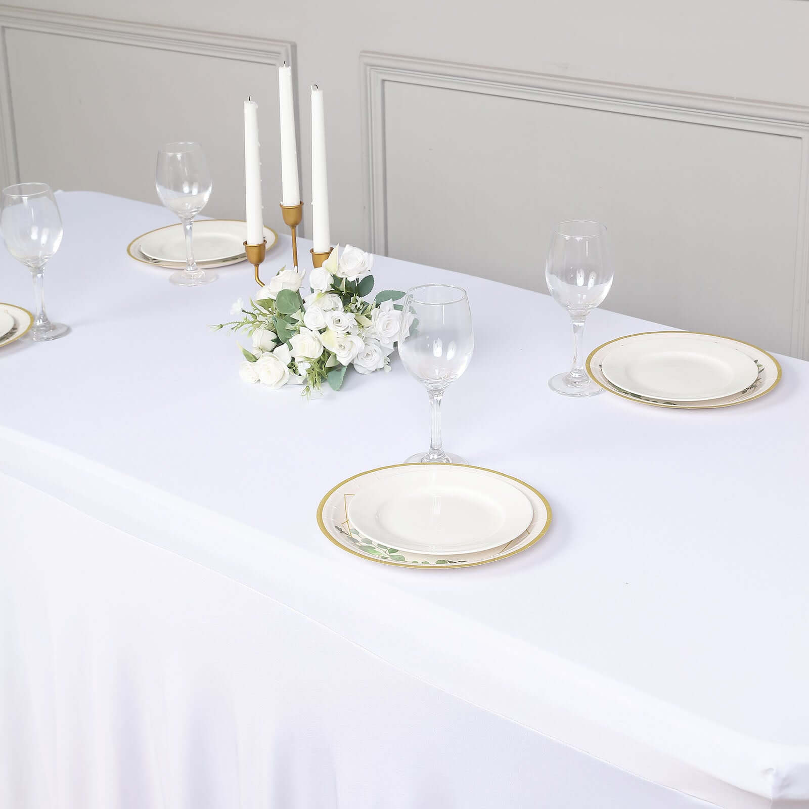 Stylish White Spandex Table Skirt with Wavy Effect for Weddings, Banquets & Trade Shows