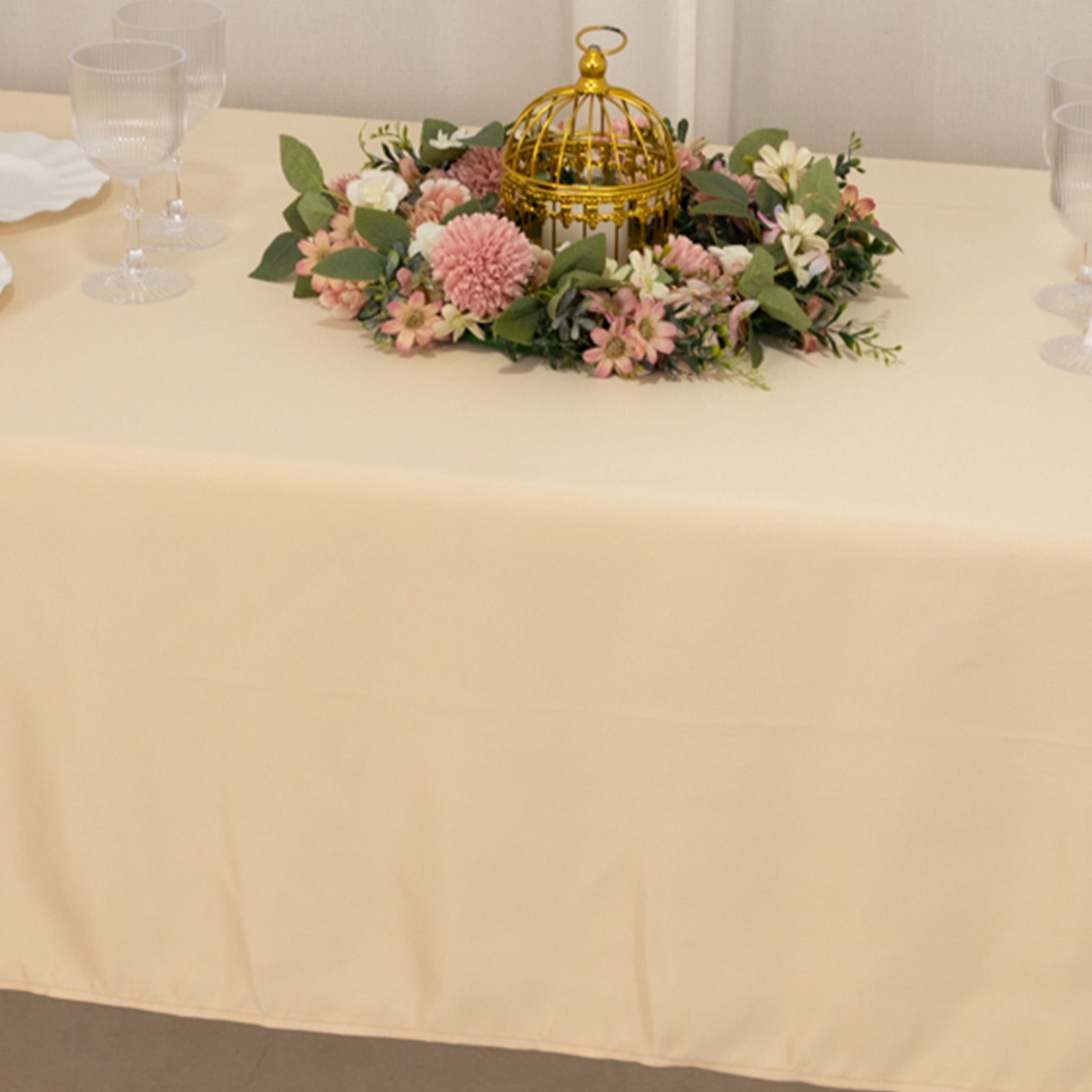 Beige Lamour Satin Rectangle Tablecloth - Durable & Silky Soft, Ideal for Events
