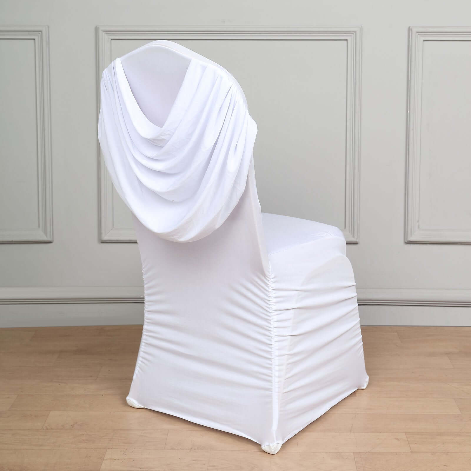 Stylish White Spandex Banquet Chair Cover with Ruched Swag Back & Foot Pockets for Weddings