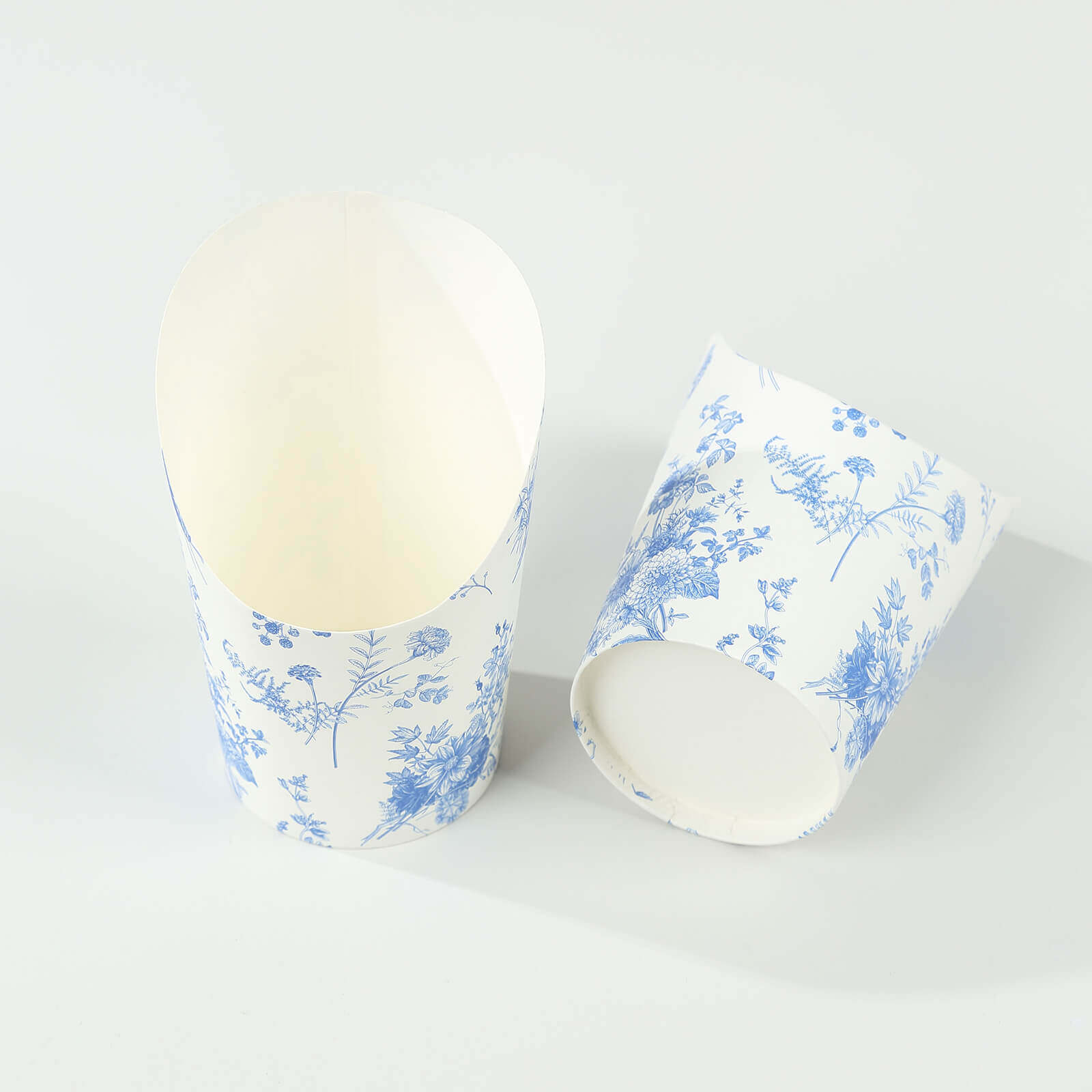 Get 50-Pack 14oz Paper Popcorn Box Cone Cups with French Toile Floral in White & Blue for Snacks