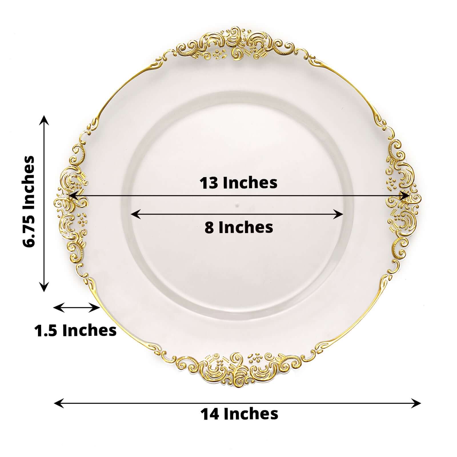 Hot Sale! 6-Pack 13-inch Clear Acrylic Round Charger Plates with Gold Embossed Baroque Rim for Antique Dinner Parties
